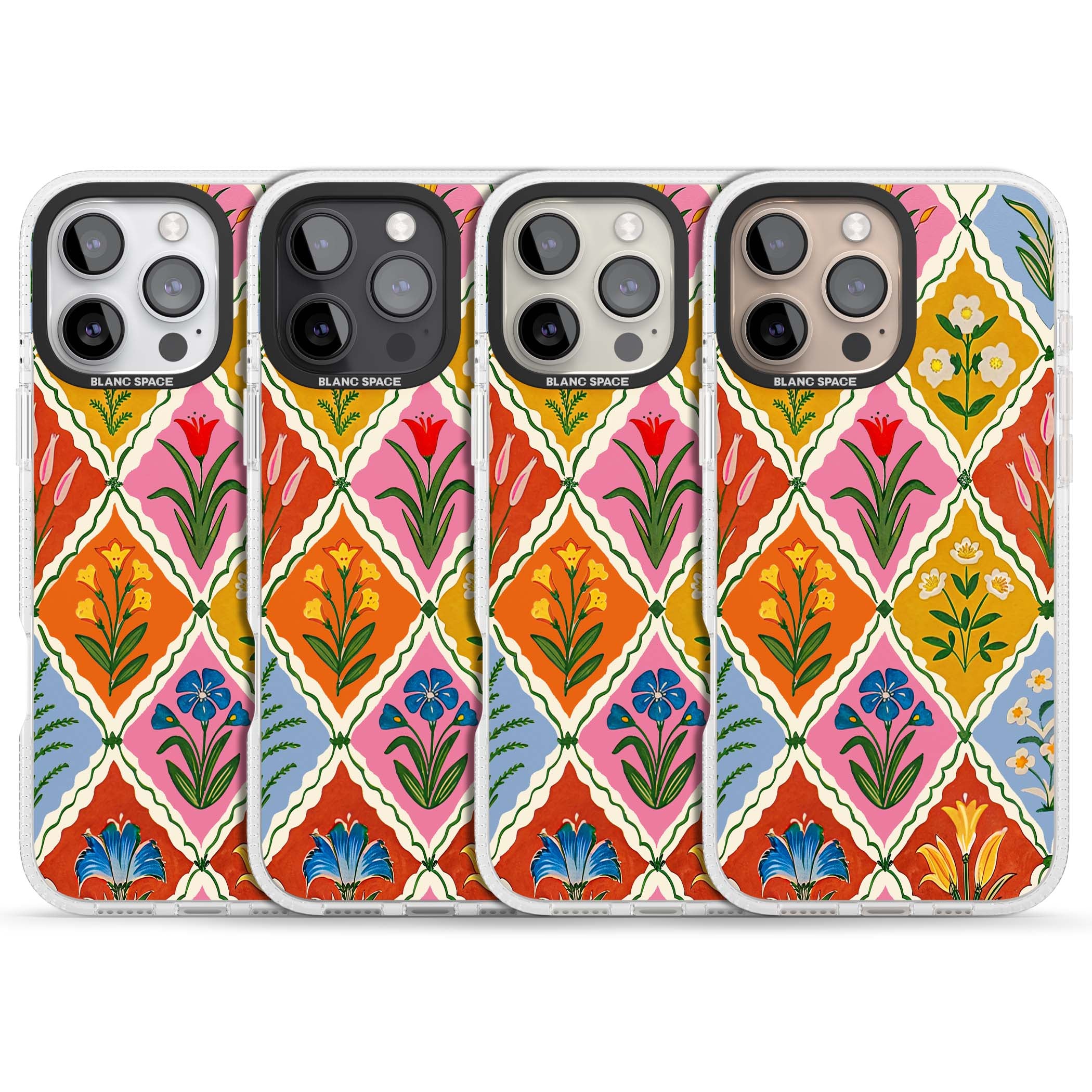 Floral Quilt boho floral iPhone case featuring diamond lattice pattern, hand-painted tulips and folk art wildflowers | Clear Case Impact Air case for iPhone 16 Pro, iPhone 16 Pro Max