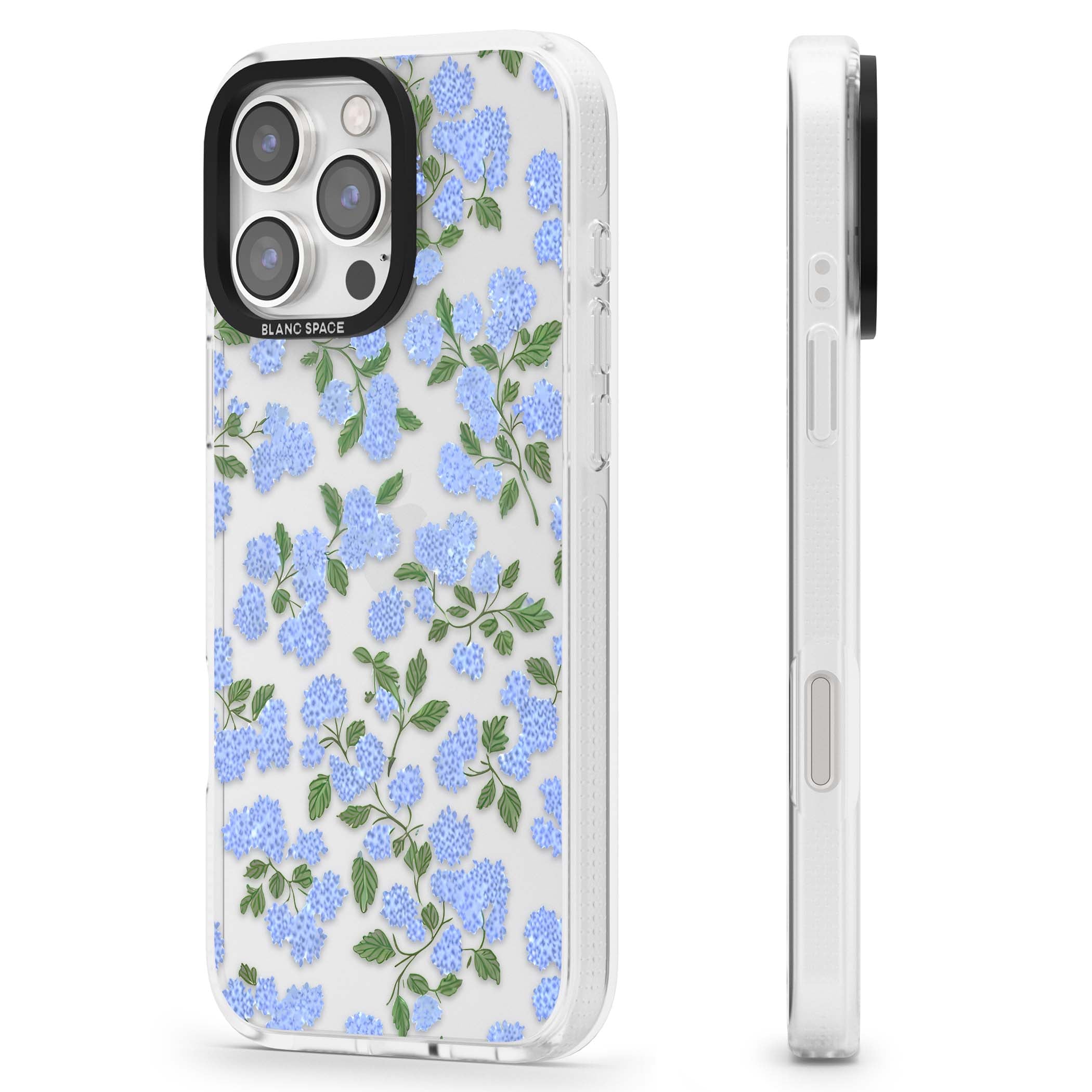 Hydrangea Dreams cottagecore iPhone case featuring soft blue hydrangea flower clusters and green leaves | Clear Case Impact Air case for iPhone 16 Pro, iPhone 16 Pro Max