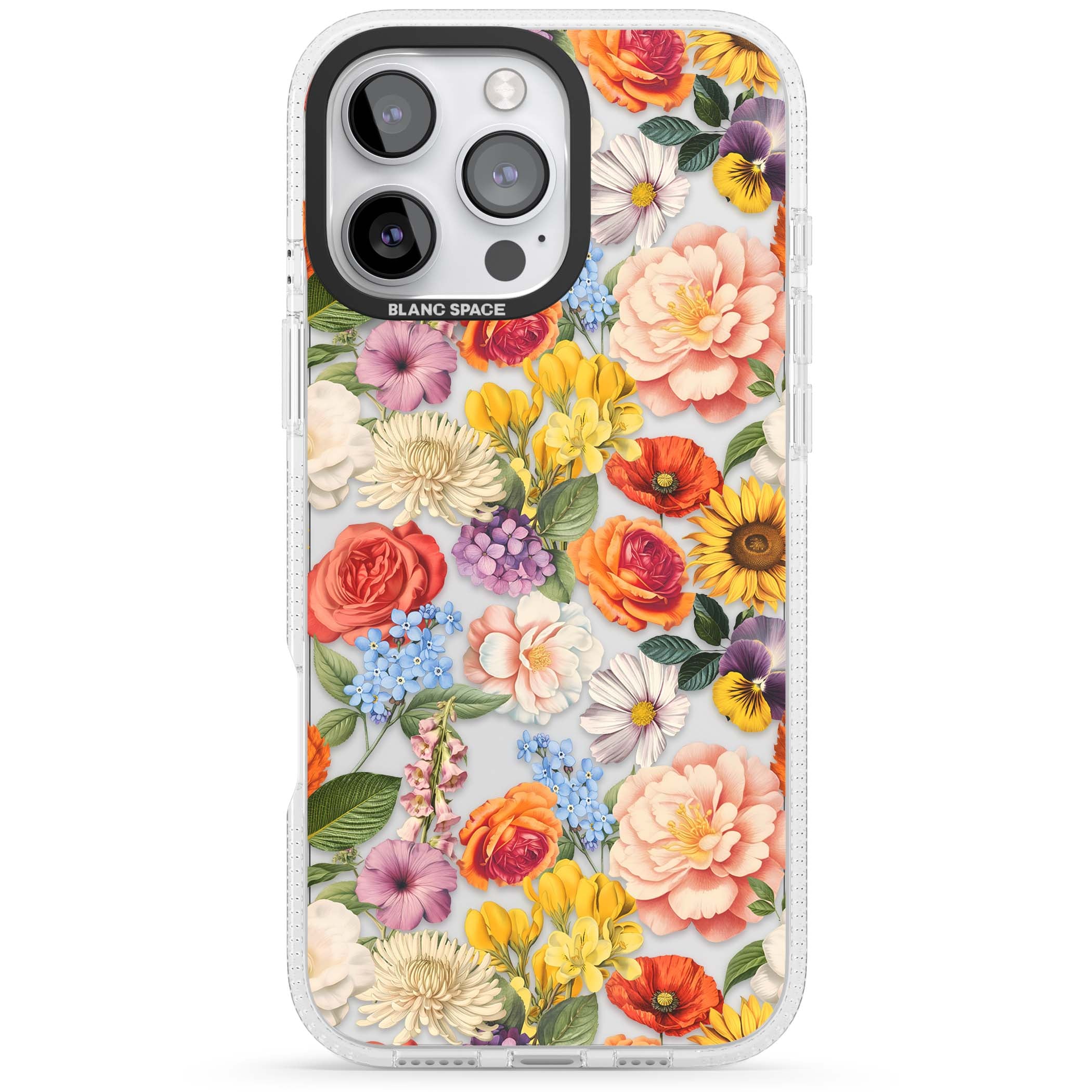 Bloom Basket floral iPhone case featuring cottage garden flowers including peonies, sunflowers, and wildflowers in pastel col | Clear Case Impact Air case for iPhone 16 Pro, iPhone 16 Pro Max