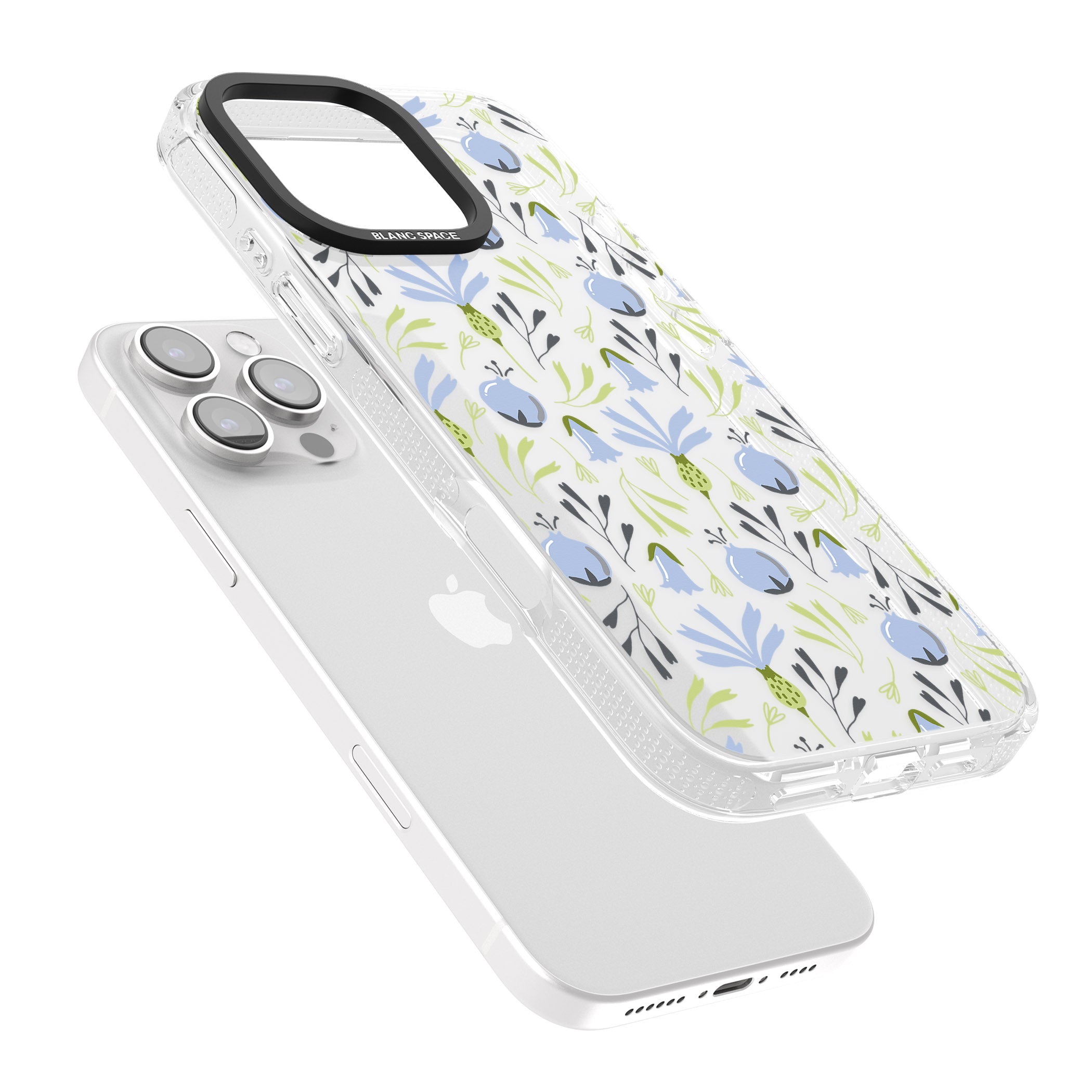 Blue Flora Transparent Floral iPhone 16 Pro Max / 16 Pro Clear Case Impact Air - Blanc Space