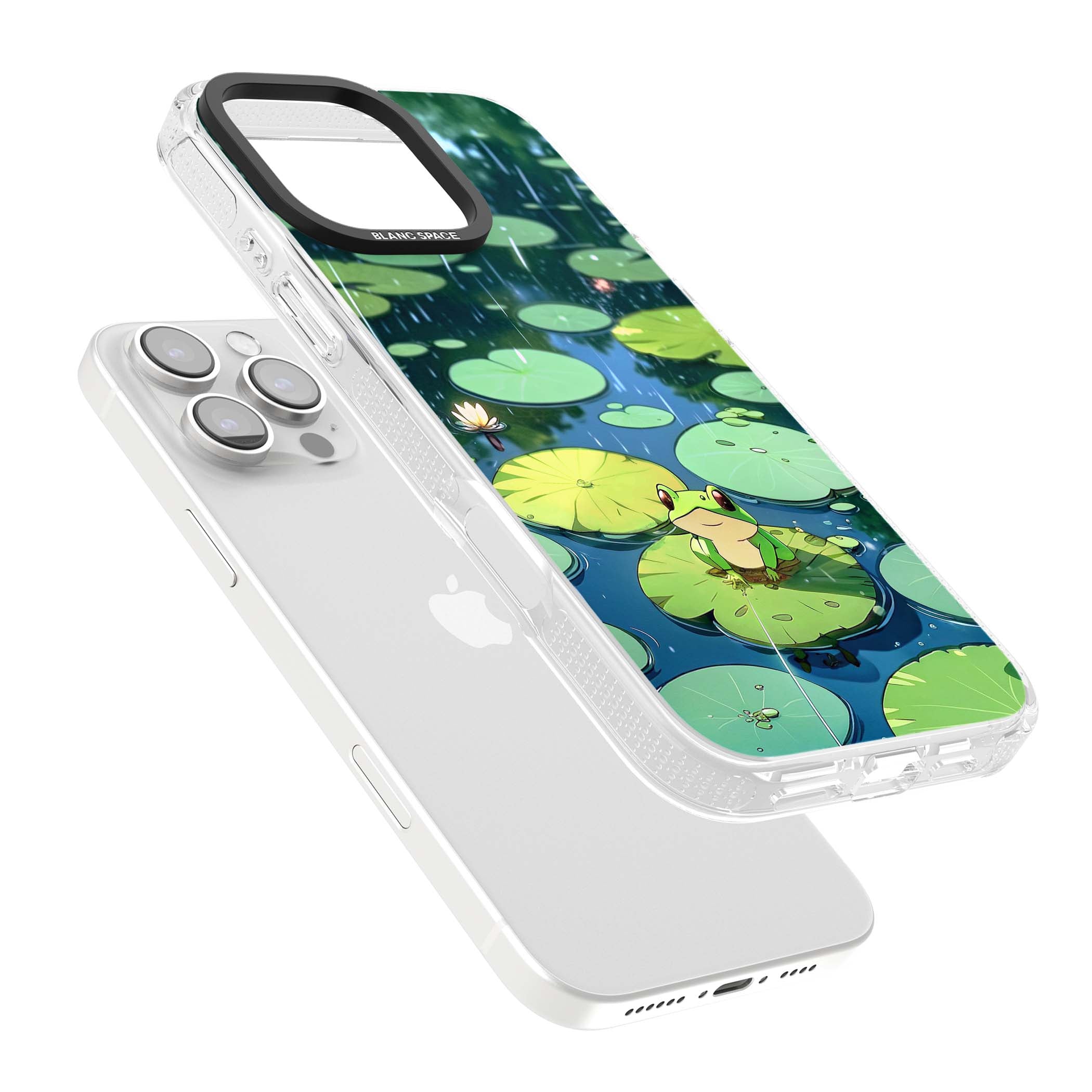 Frog In Lily Pond cottagecore iPhone case featuring a cute green frog on a lily pad with falling rain and a lotus flower | Clear Case Impact Air case for iPhone 16 Pro, iPhone 16 Pro Max