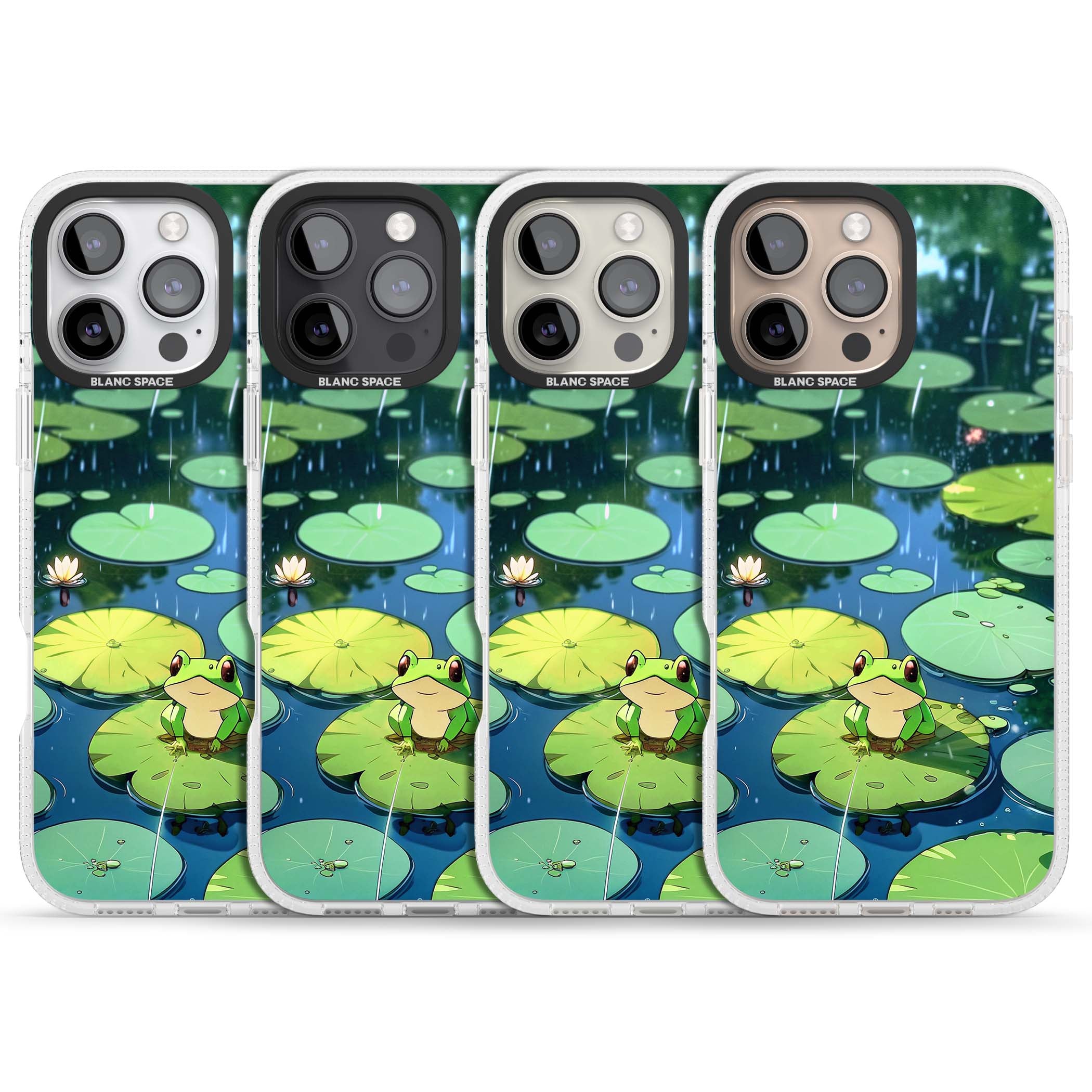 Frog In Lily Pond cottagecore iPhone case featuring a cute green frog on a lily pad with falling rain and a lotus flower | Clear Case Impact Air case for iPhone 16 Pro, iPhone 16 Pro Max