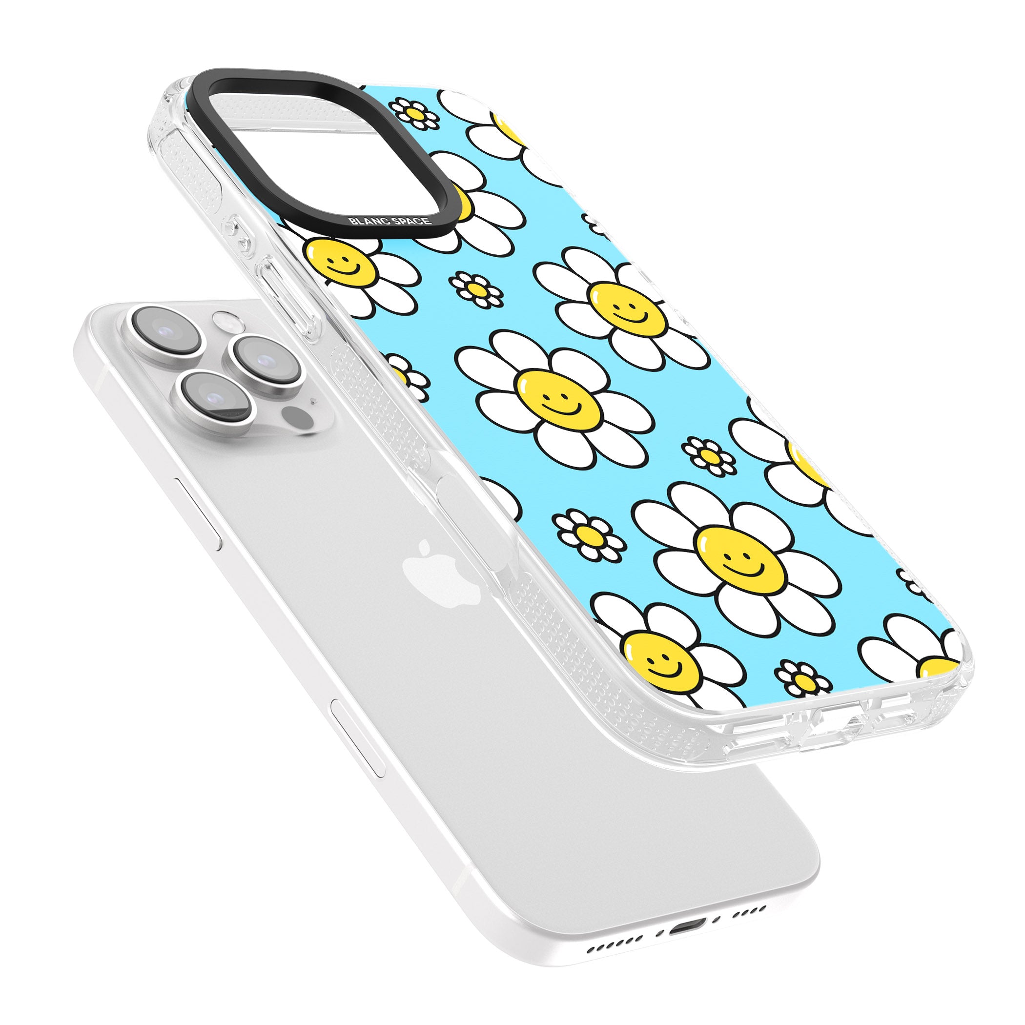 Daisy Faces Kawaii Pattern iPhone 16 Pro Max / 16 Pro Clear Case Impact Air - Blanc Space