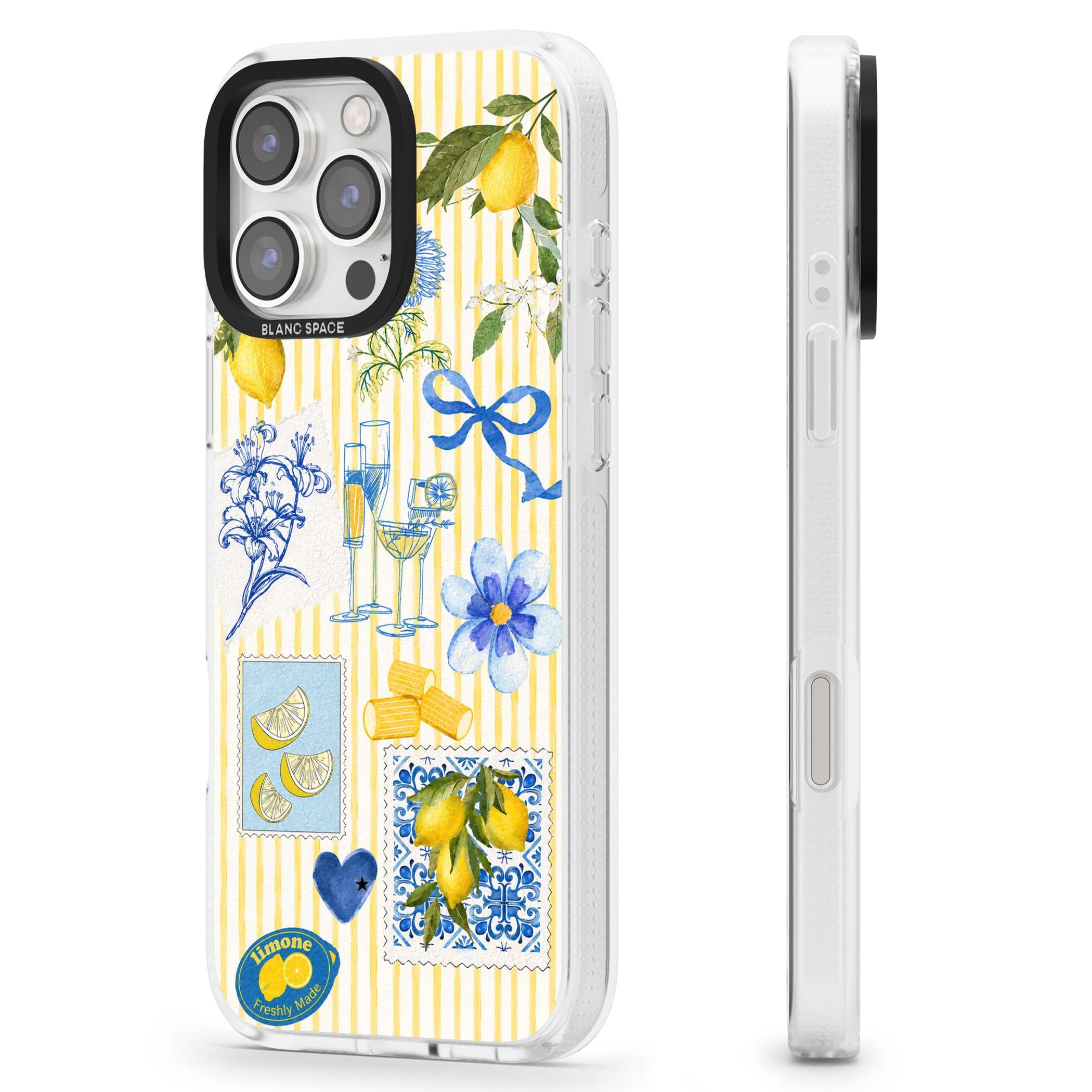 Limone Riviera Italian summer iPhone case featuring watercolour lemons, blue ribbon bows and majolica tile stamps on... | Clear Case Impact Air case for iPhone 16 Pro, iPhone 16 Pro Max