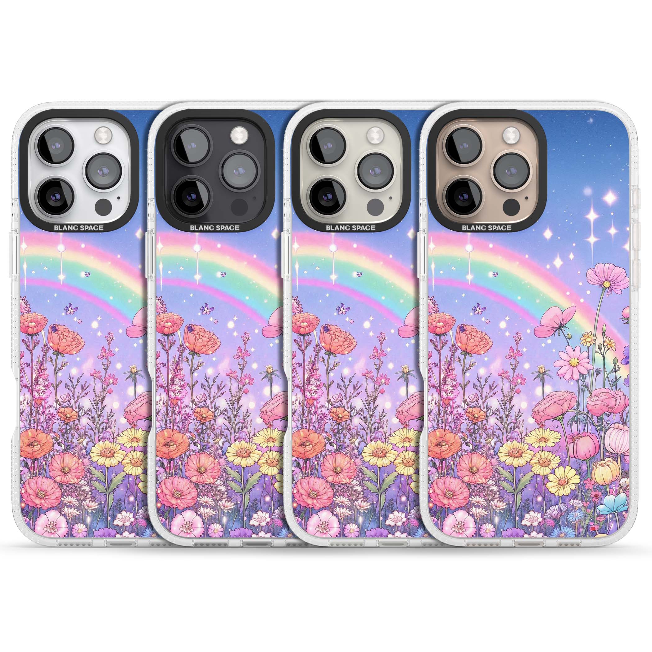 Magical Meadow fairycore iPhone case featuring a pastel rainbow, sparkling stars and a wildflower meadow | Clear Case Impact Air case for iPhone 16 Pro, iPhone 16 Pro Max