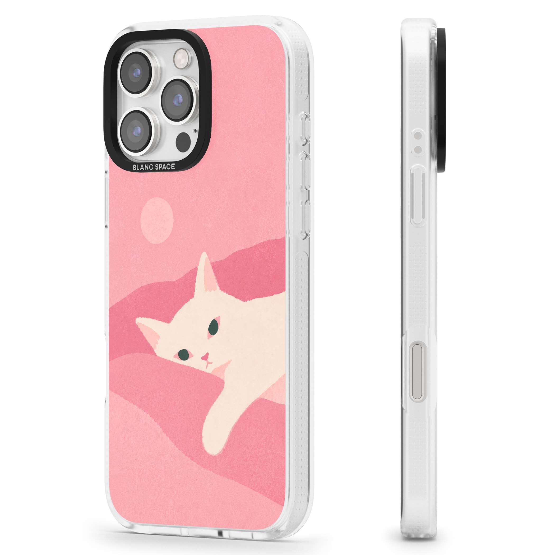 Pink Dreams cute cat iPhone case featuring a white kitten, soft pink hills and a pale pastel sun | Clear Case Impact Air case for iPhone 16 Pro, iPhone 16 Pro Max