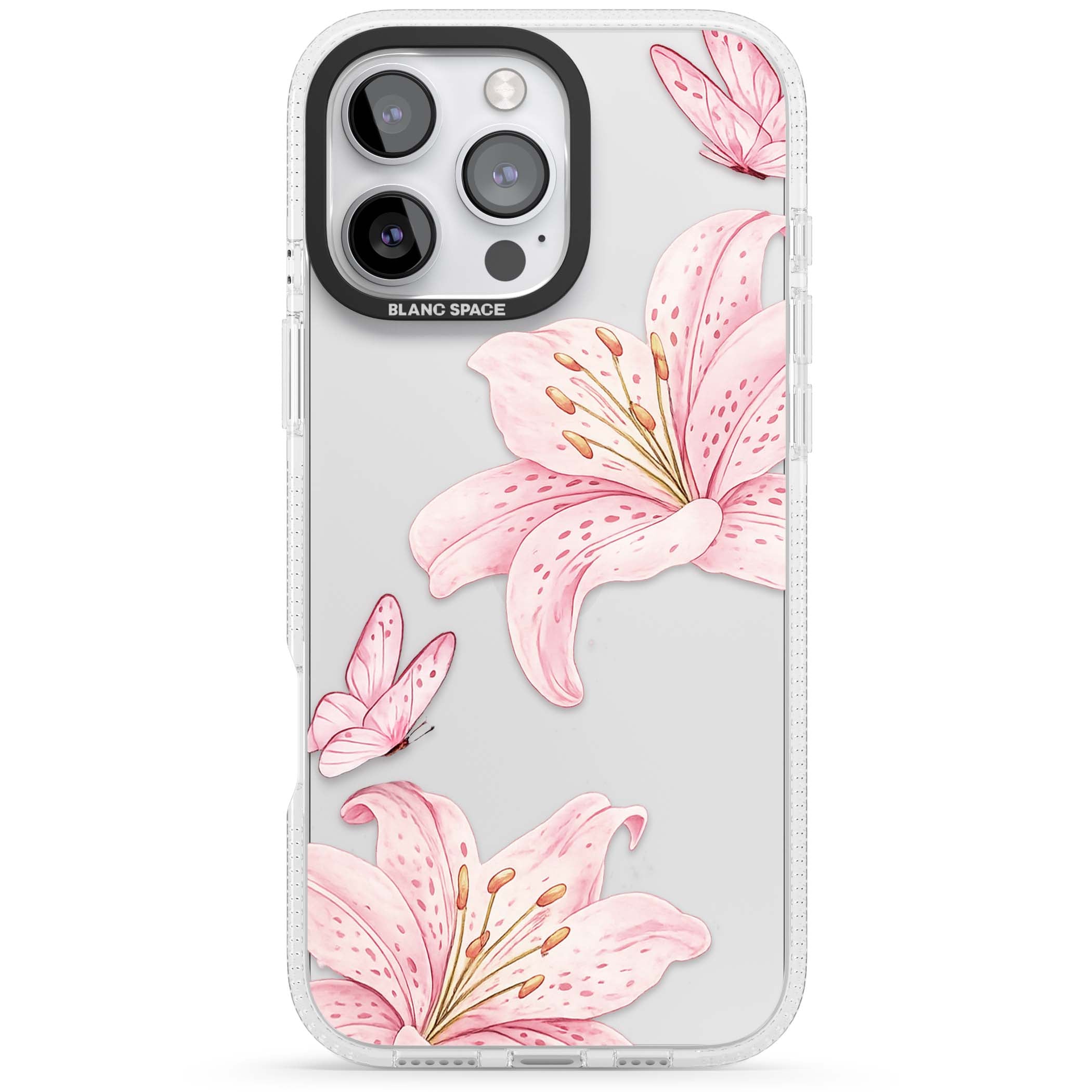 Lily Whisper floral iPhone case featuring pink watercolour lilies and delicate butterflies on a clear background | Clear Case Impact Air case for iPhone 16 Pro, iPhone 16 Pro Max