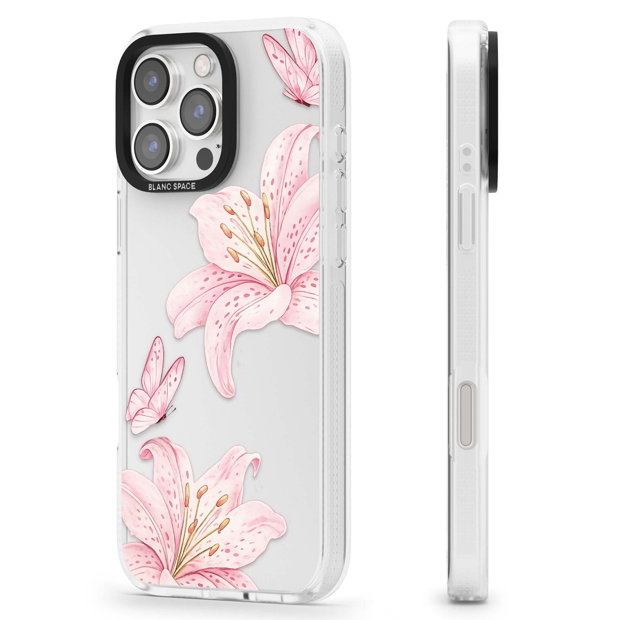 Lily Whisper floral iPhone case featuring pink watercolour lilies and delicate butterflies on a clear background | Clear Case Impact Air case for iPhone 16 Pro, iPhone 16 Pro Max