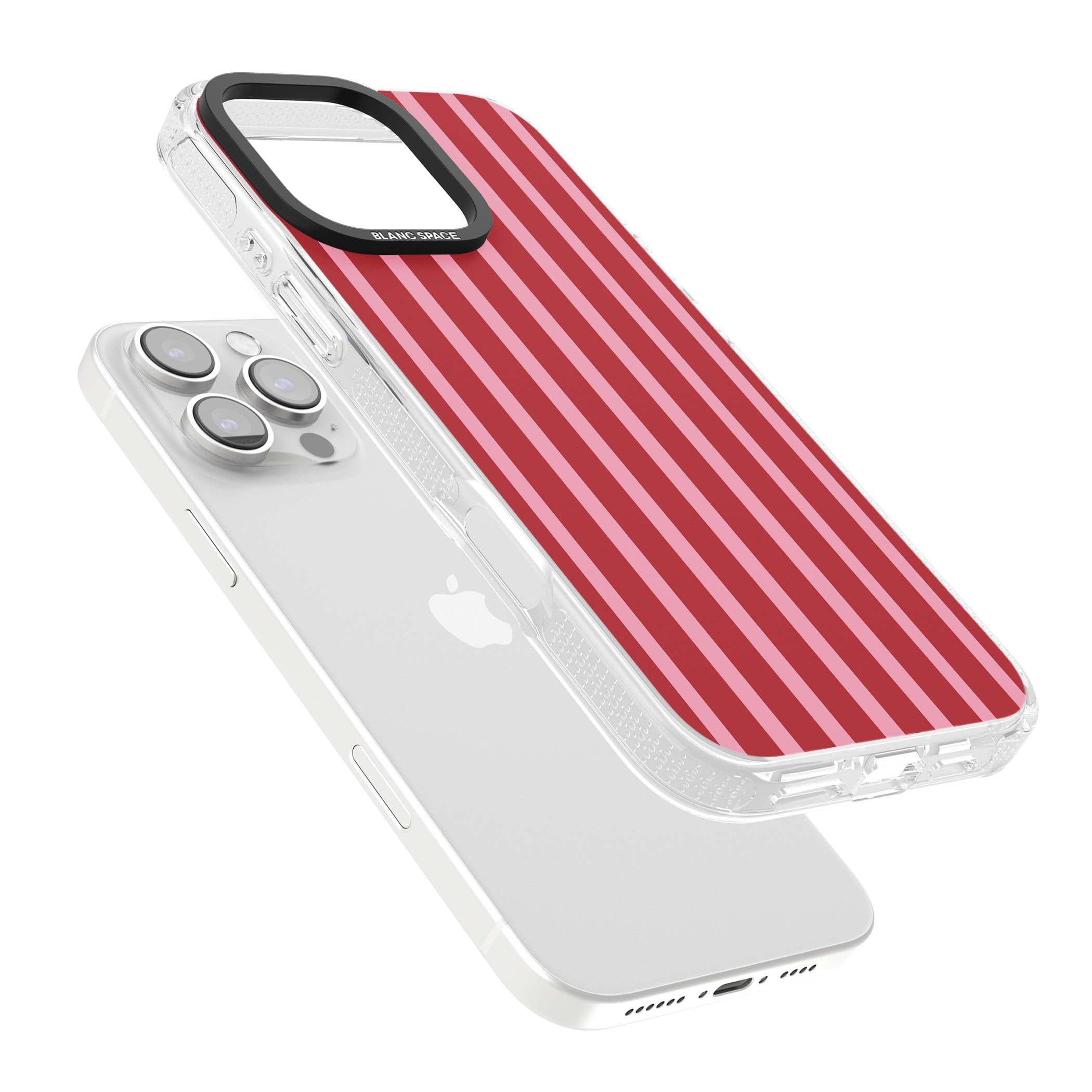 Raspberry Stripe coquette iPhone case featuring red and pink vertical stripes in a candy-inspired pattern | Clear Case Impact Air case for iPhone 16 Pro, iPhone 16 Pro Max