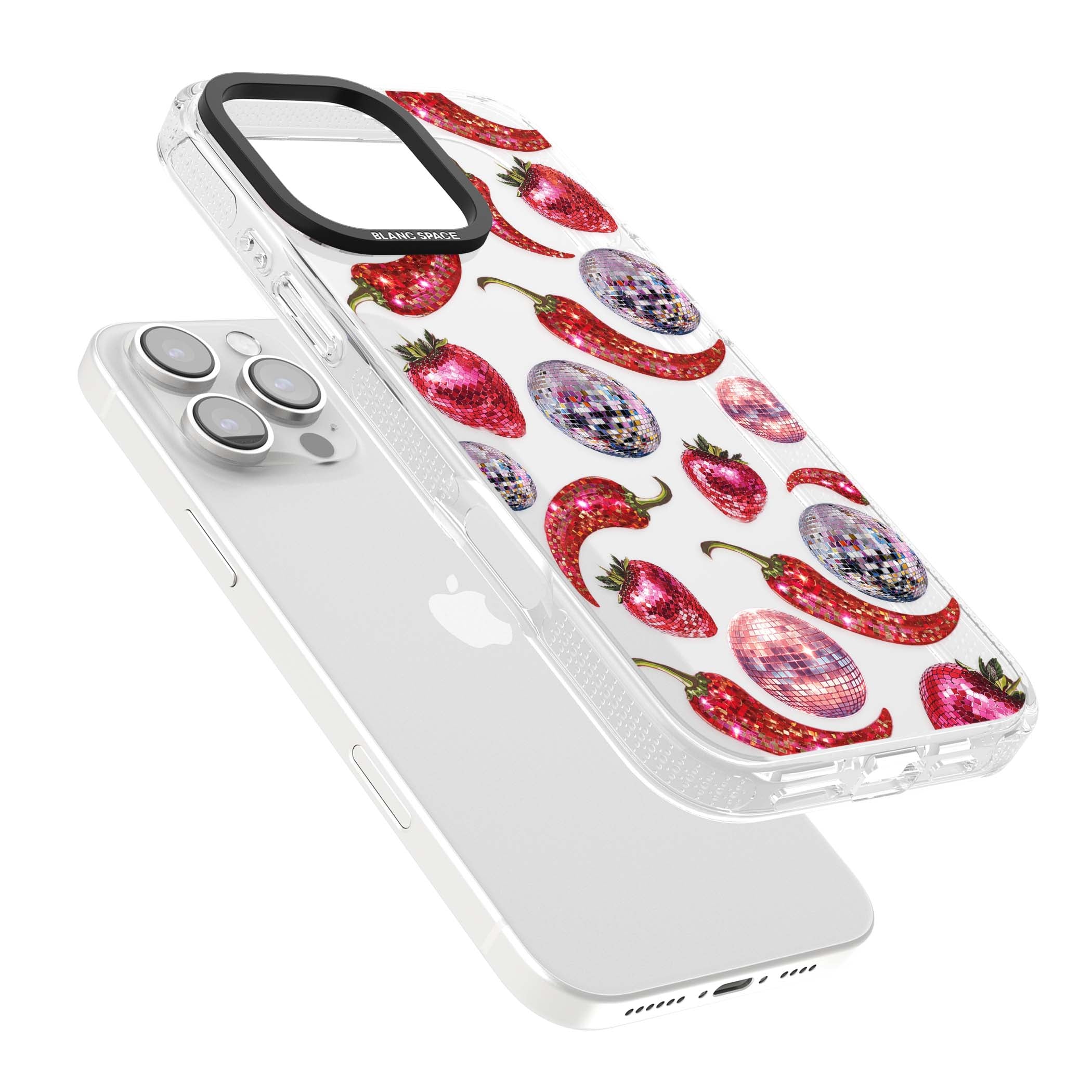Spicy Disco Y2K iPhone case featuring glitter disco balls, sparkly strawberries and red chilli peppers | Clear Case Impact Air case for iPhone 16 Pro, iPhone 16 Pro Max