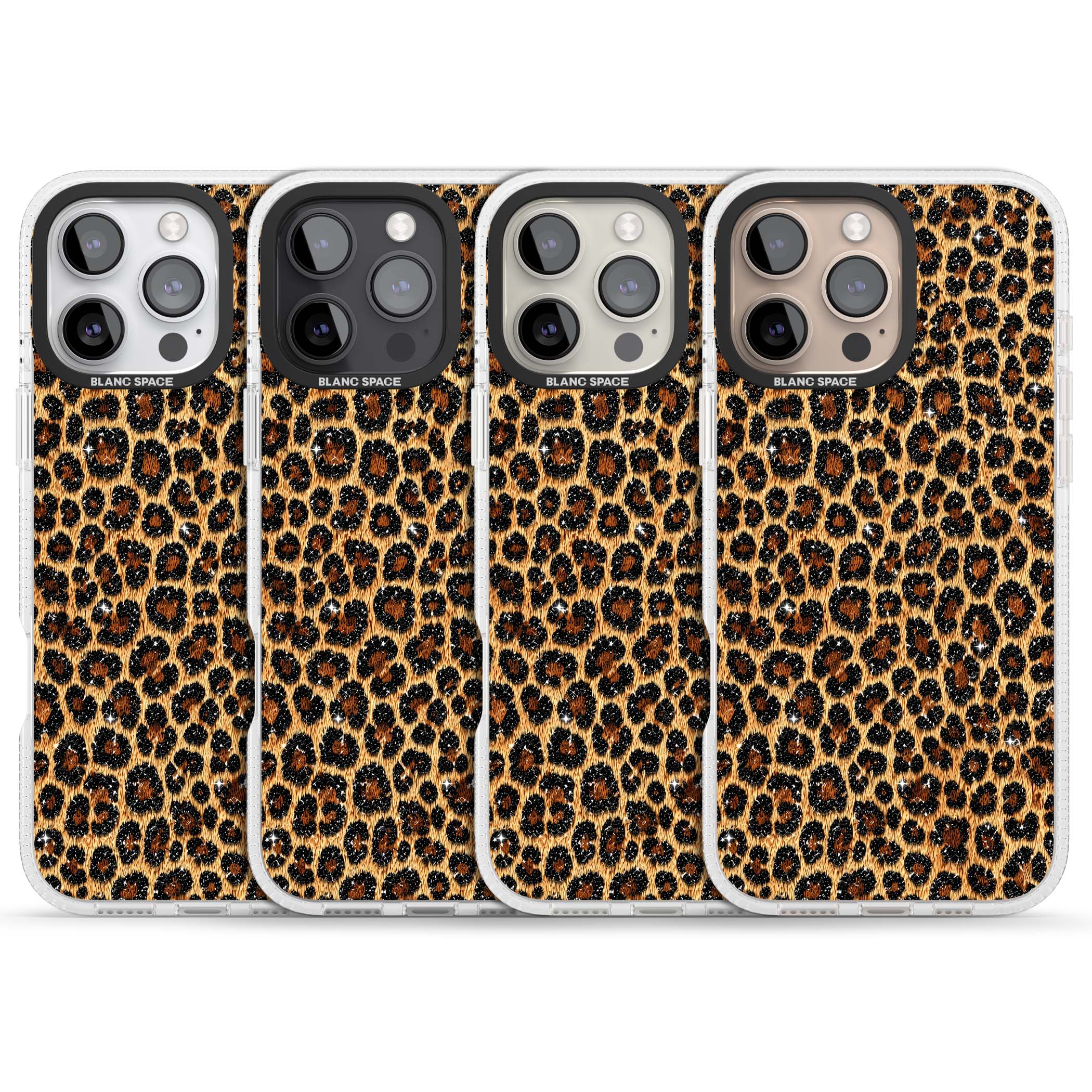 Diamond Leopard leopard print iPhone case featuring golden tan fur, black rosette spots and subtle glitter sparkle | Clear Case Impact Air case for iPhone 16 Pro, iPhone 16 Pro Max