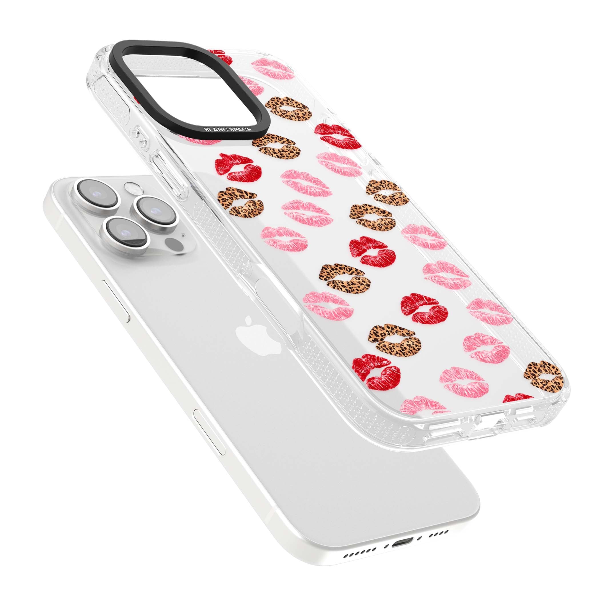 Wild Kisses coquette iPhone case featuring red, pink and leopard print lipstick kiss marks on a clear background | Clear Case Impact Air case for iPhone 16 Pro, iPhone 16 Pro Max