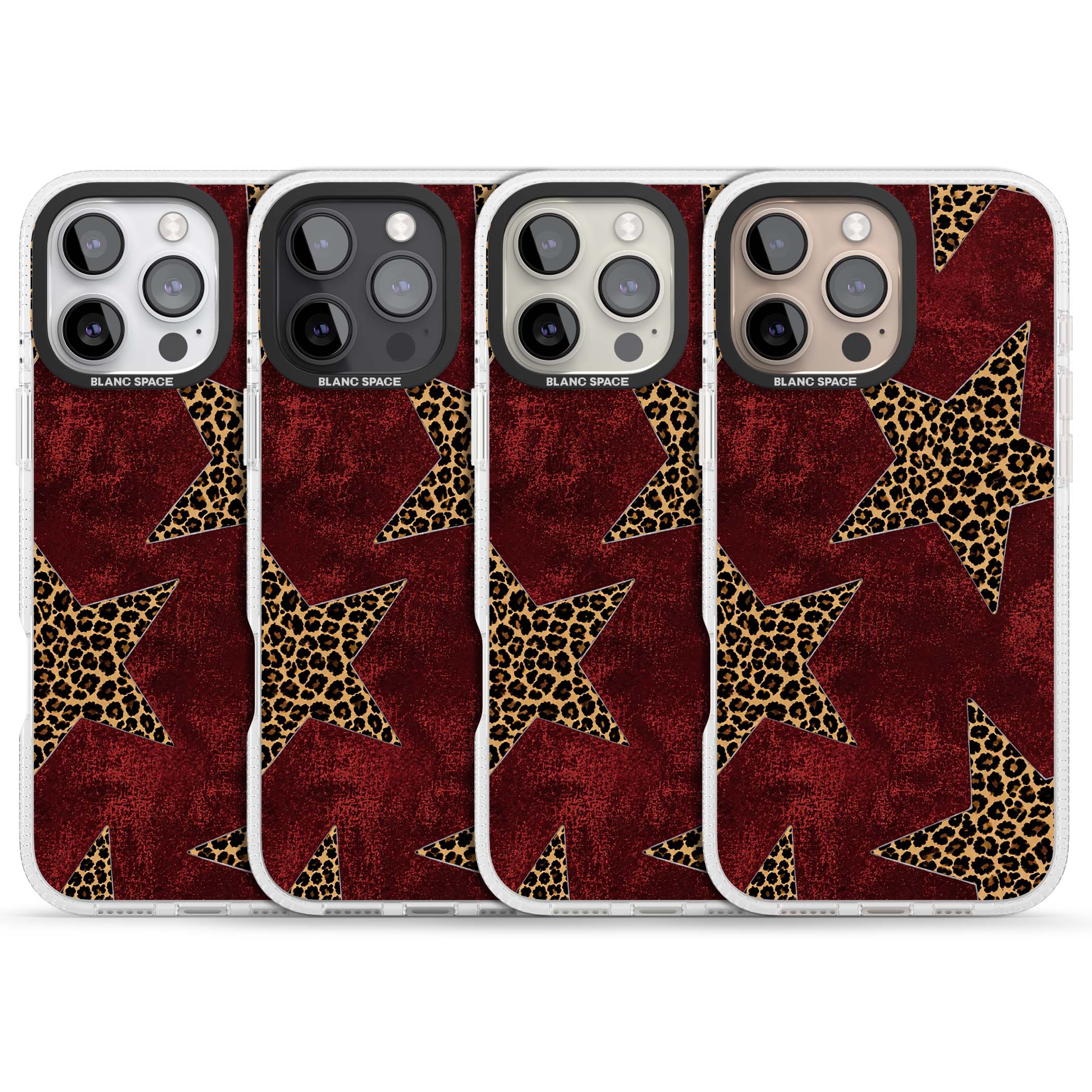 Showgirl leopard print iPhone case featuring cheetah print stars on distressed red grunge background | Clear Case Impact Air case for iPhone 16 Pro, iPhone 16 Pro Max