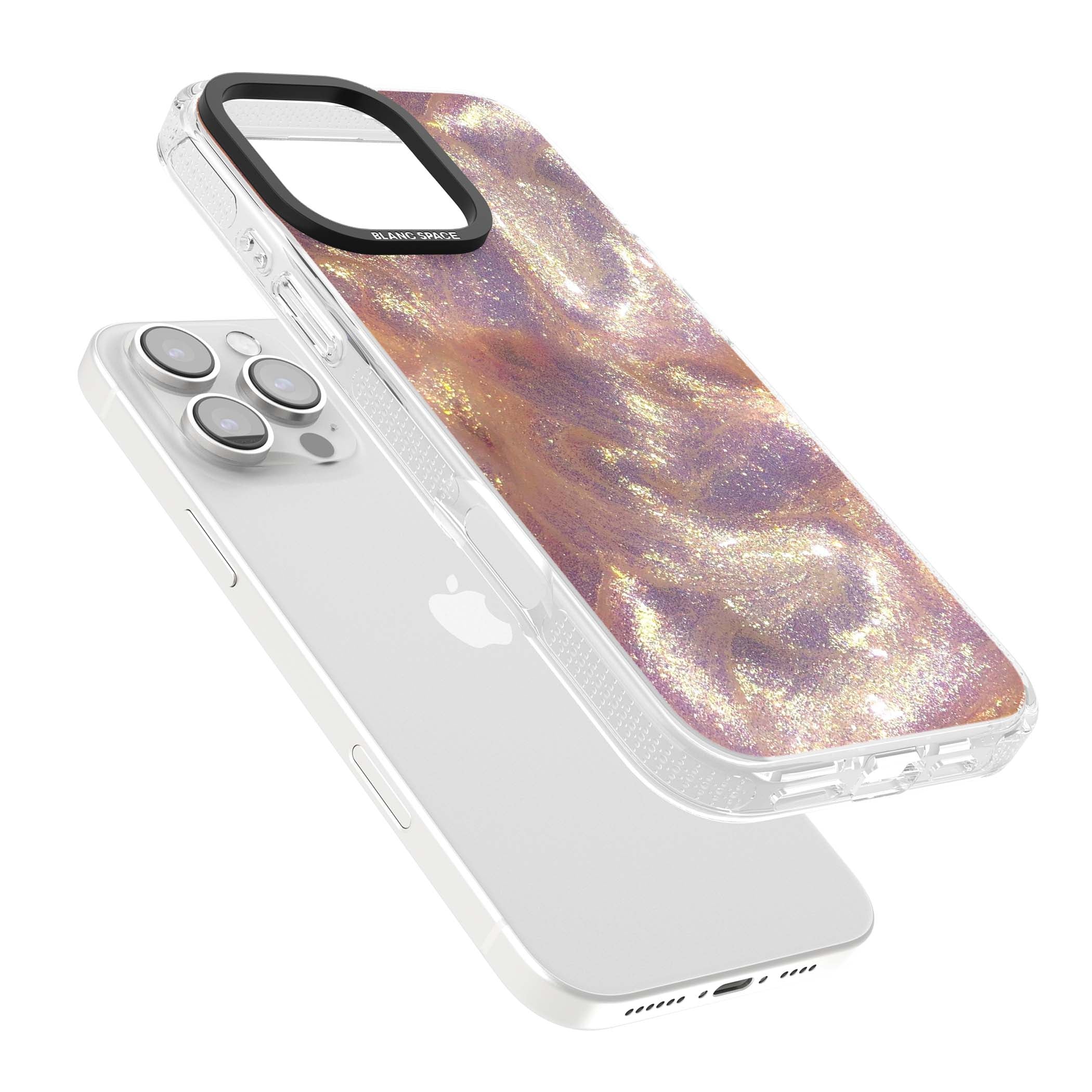 Shimmer marble iPhone case featuring rose gold glitter swirls, lilac shimmer and iridescent pearl finish | Clear Case Impact Air case for iPhone 16 Pro, iPhone 16 Pro Max