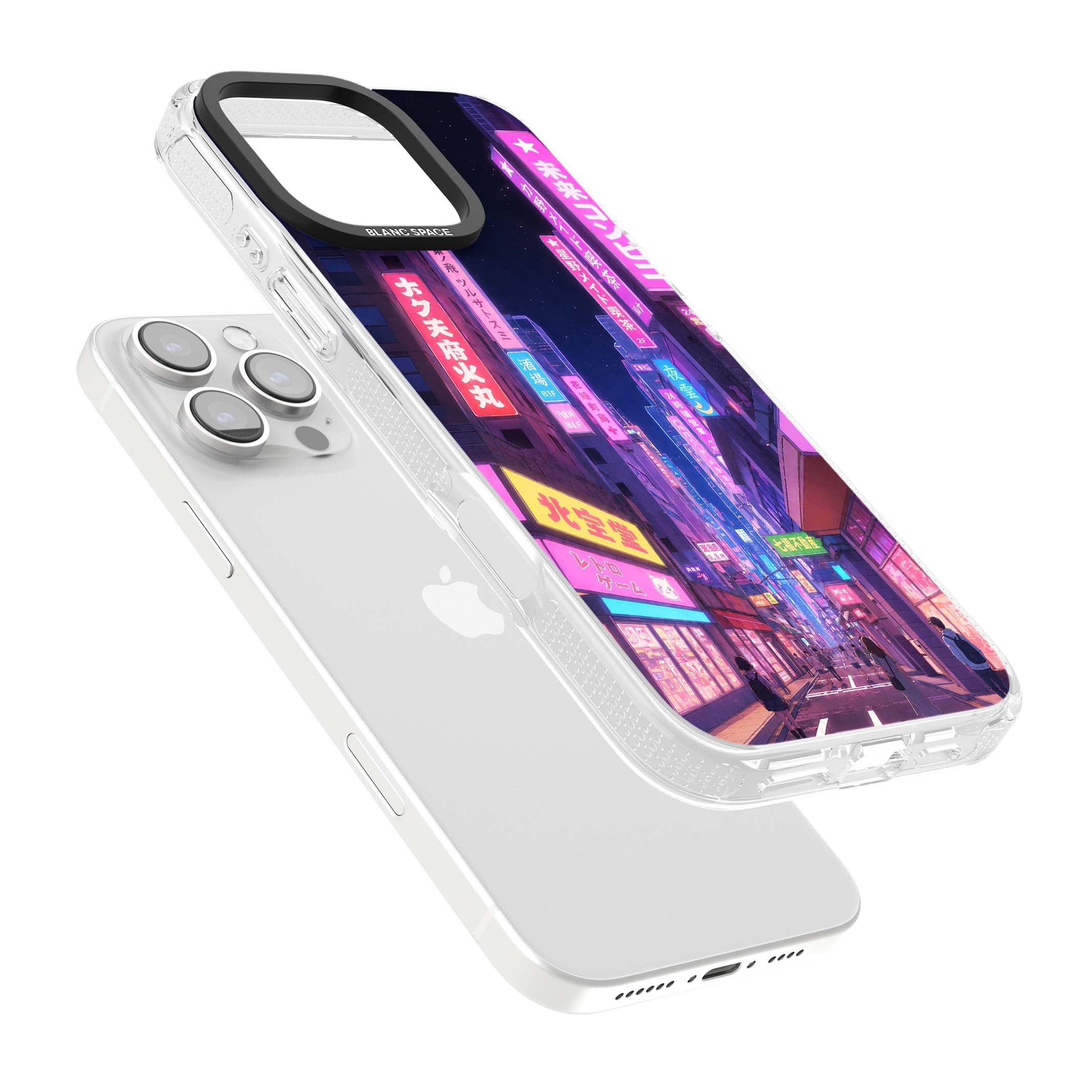 Shibuya At Night Japanese neon city iPhone case featuring glowing kanji signs, pink storefronts and a Tokyo street at n | Clear Case Impact Air case for iPhone 16 Pro, iPhone 16 Pro Max