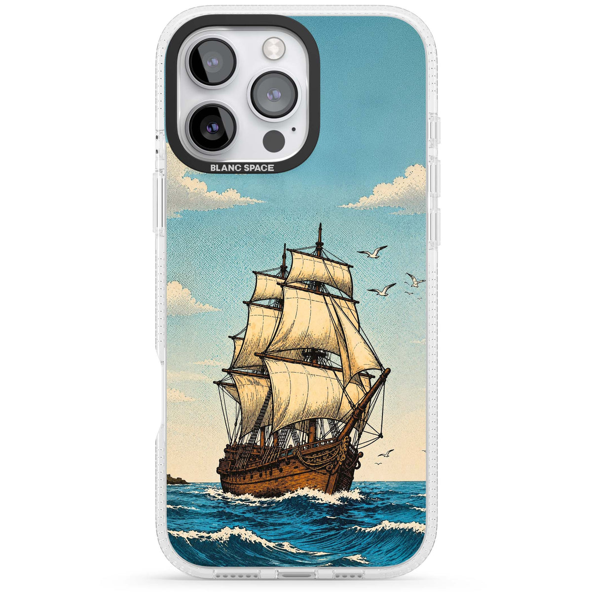 Ship at Sea nautical iPhone case featuring a vintage tall ship, ocean waves and seagulls | Clear Case Impact Air case for iPhone 16 Pro, iPhone 16 Pro Max