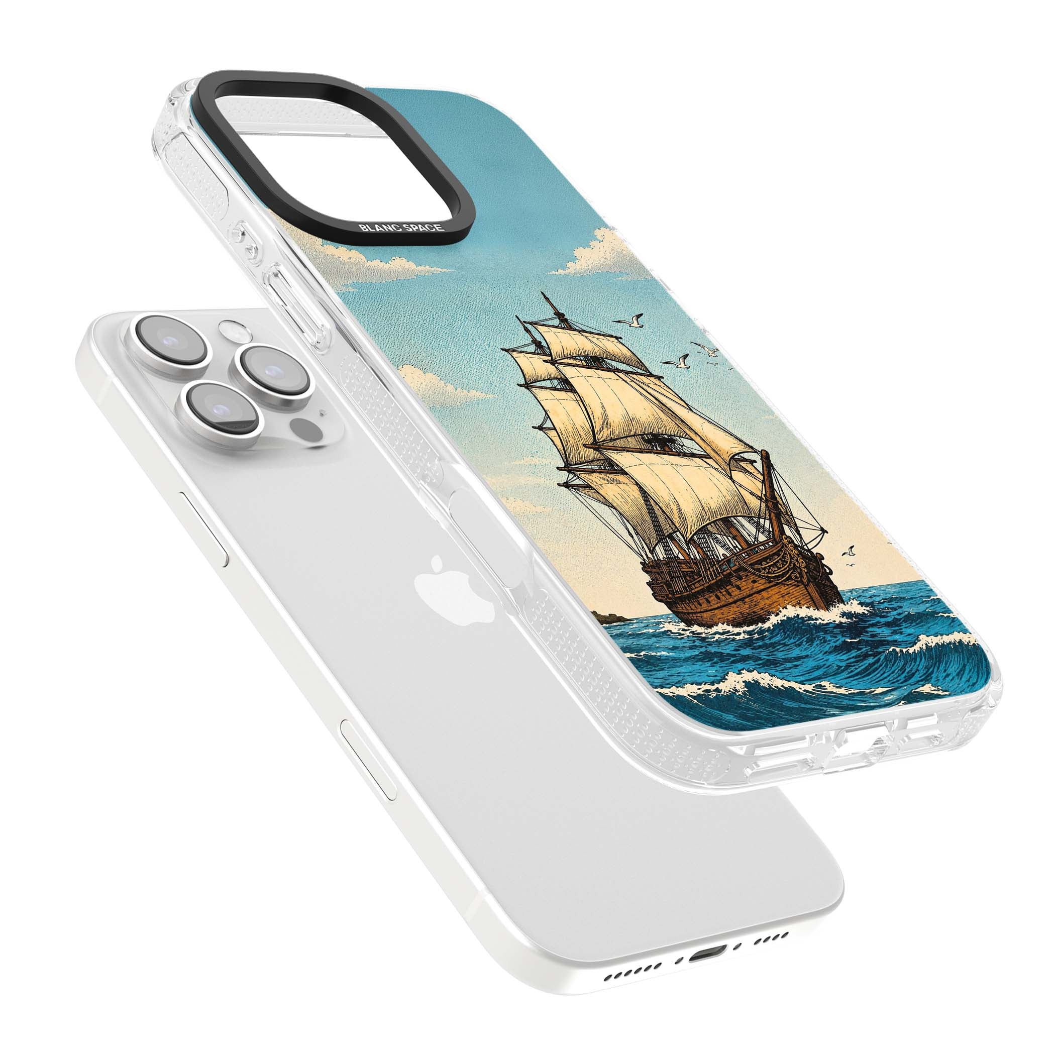 Ship at Sea nautical iPhone case featuring a vintage tall ship, ocean waves and seagulls | Clear Case Impact Air case for iPhone 16 Pro, iPhone 16 Pro Max