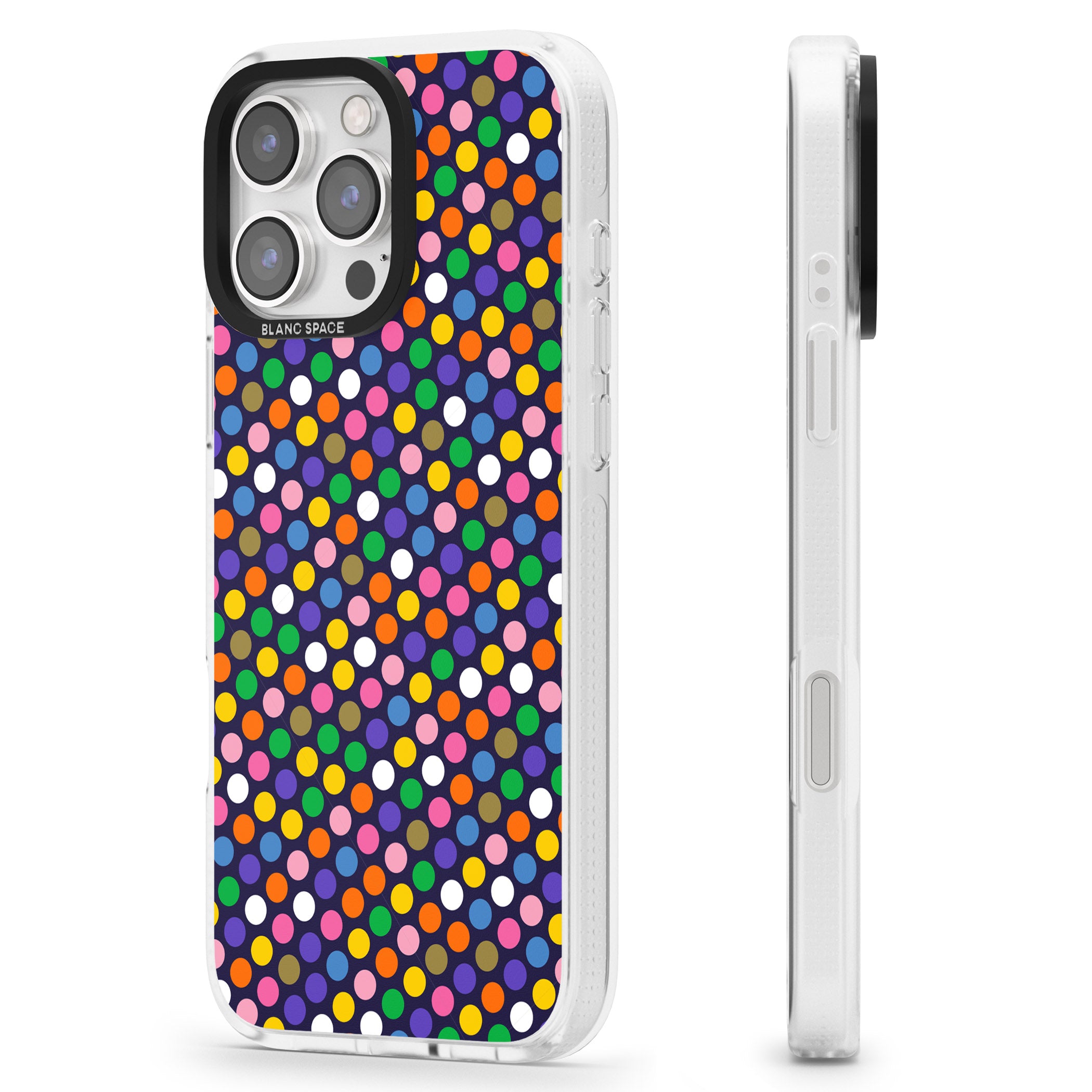 Multicolour Polka-dot Fiesta (Purple) iPhone 16 Pro Max / 16 Pro Clear Case Impact Air - Blanc Space