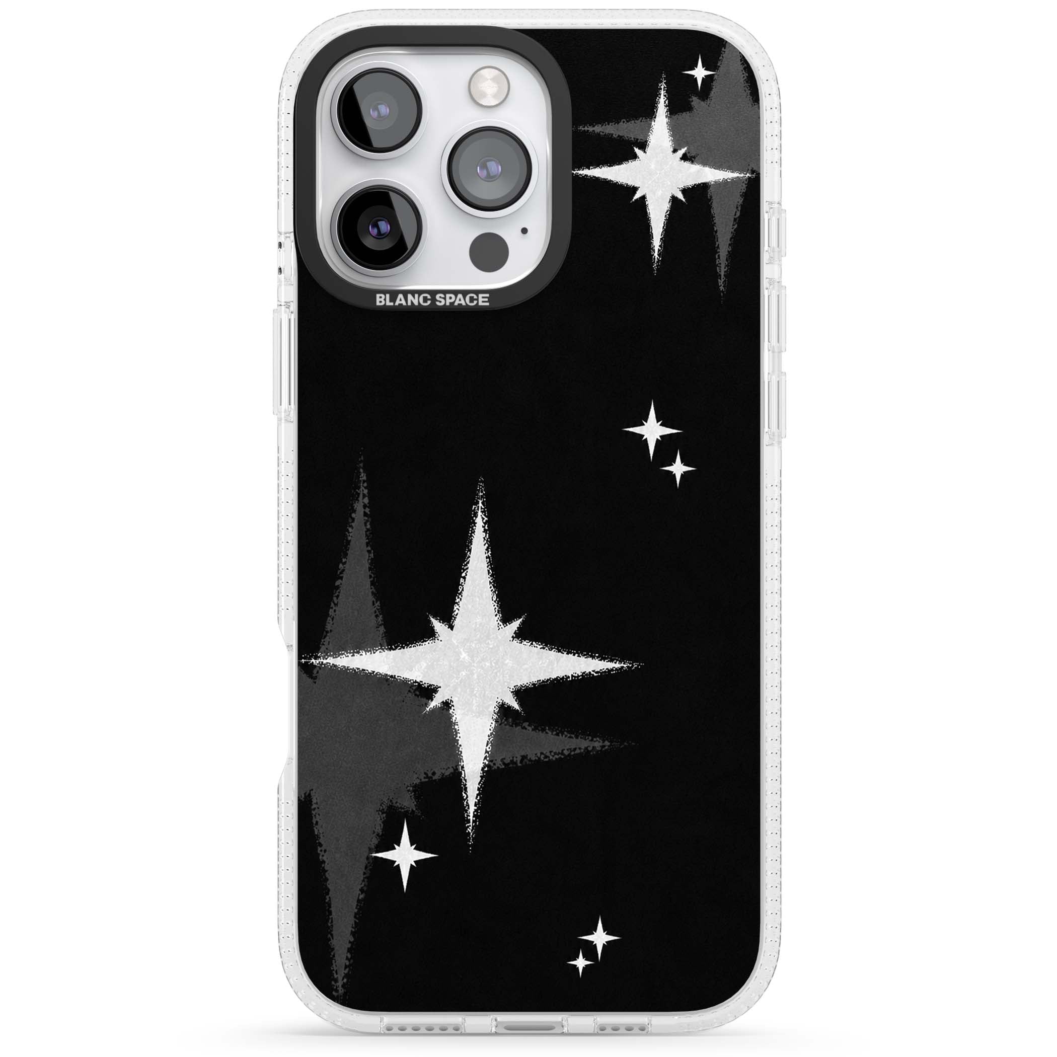 Black Sparkle celestial iPhone case featuring white sparkle stars on a black night sky background | Clear Case Impact Air case for iPhone 16 Pro, iPhone 16 Pro Max