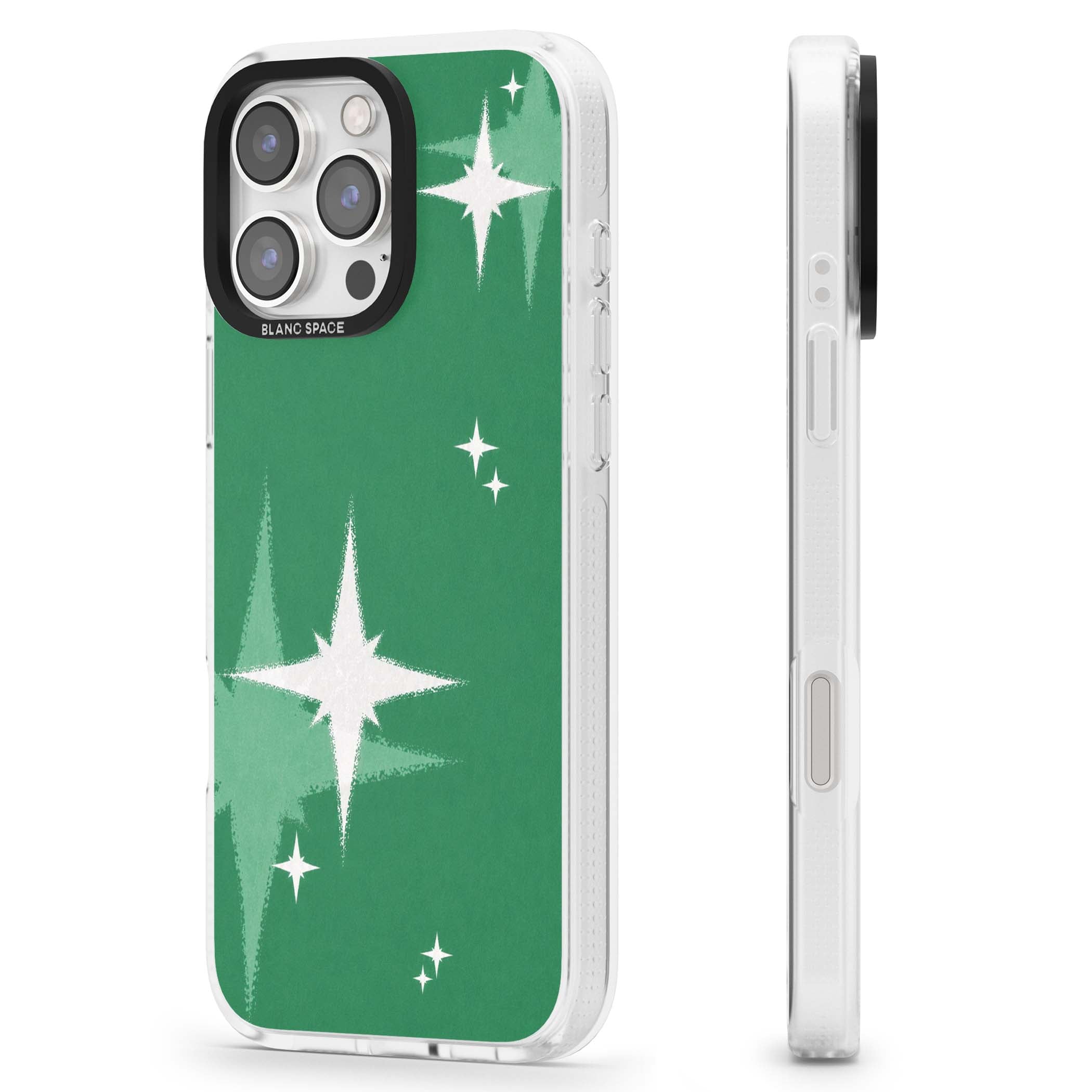Green Sparkle celestial iPhone case featuring sparkling white four-point stars on a deep green background | Clear Case Impact Air case for iPhone 16 Pro, iPhone 16 Pro Max