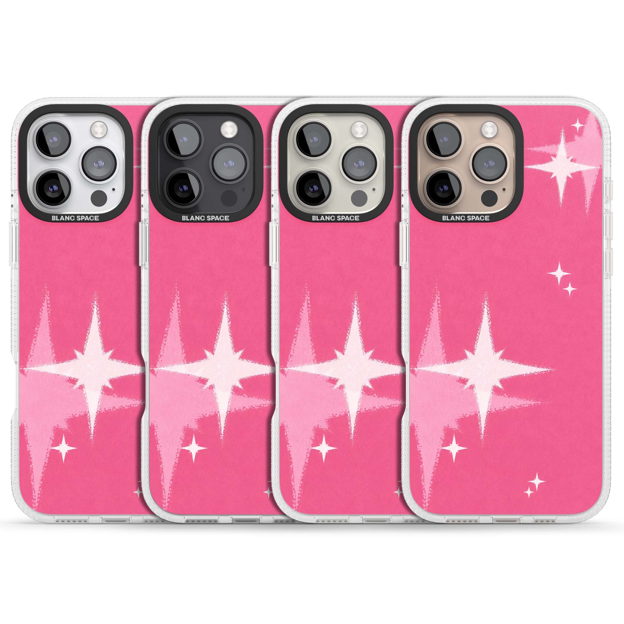 Pink Sparkle Y2K iPhone case featuring hot pink background with shimmering white starburst pattern | Clear Case Impact Air case for iPhone 16 Pro, iPhone 16 Pro Max