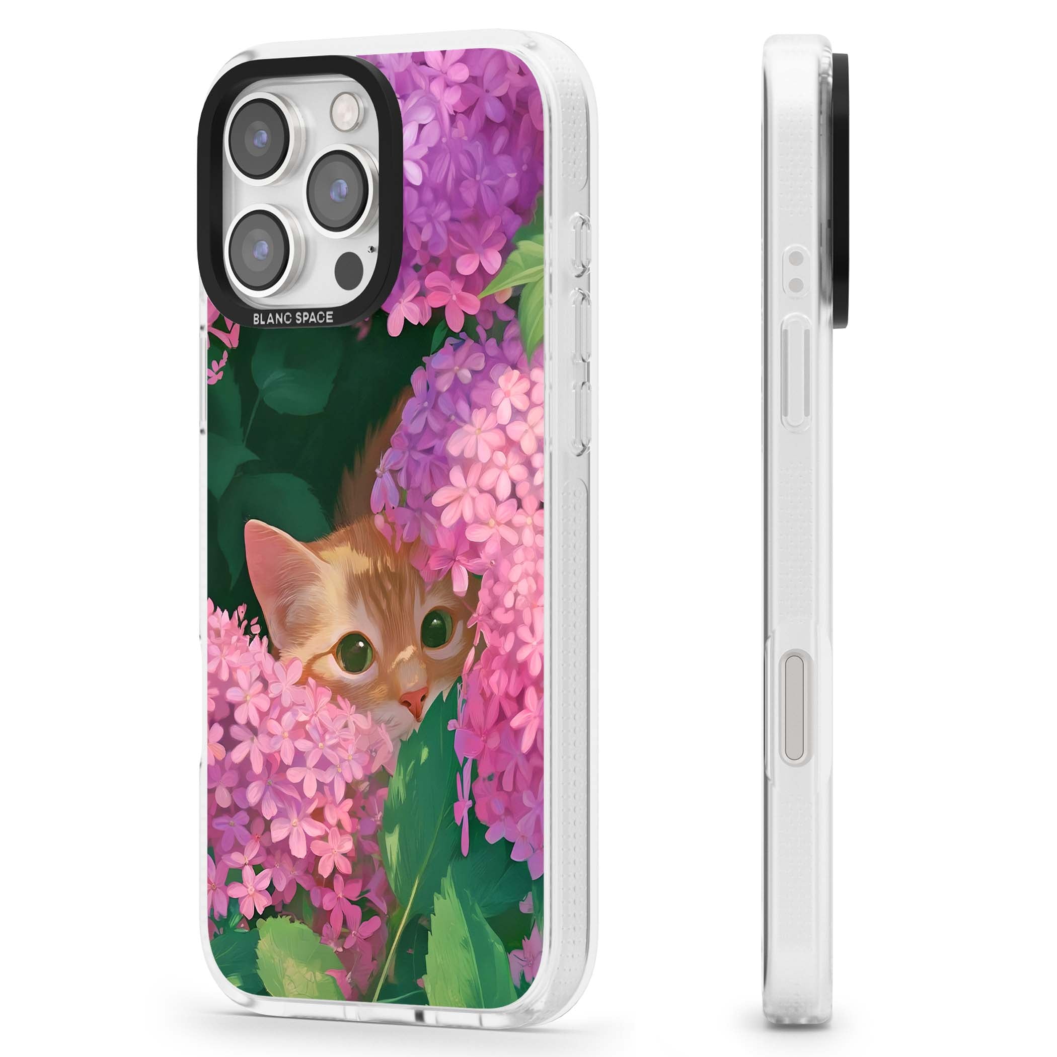 Cat In Pink Flowers cottagecore iPhone case featuring a ginger kitten peeking through lilac and pink hydrangea flo | Clear Case Impact Air case for iPhone 16 Pro, iPhone 16 Pro Max