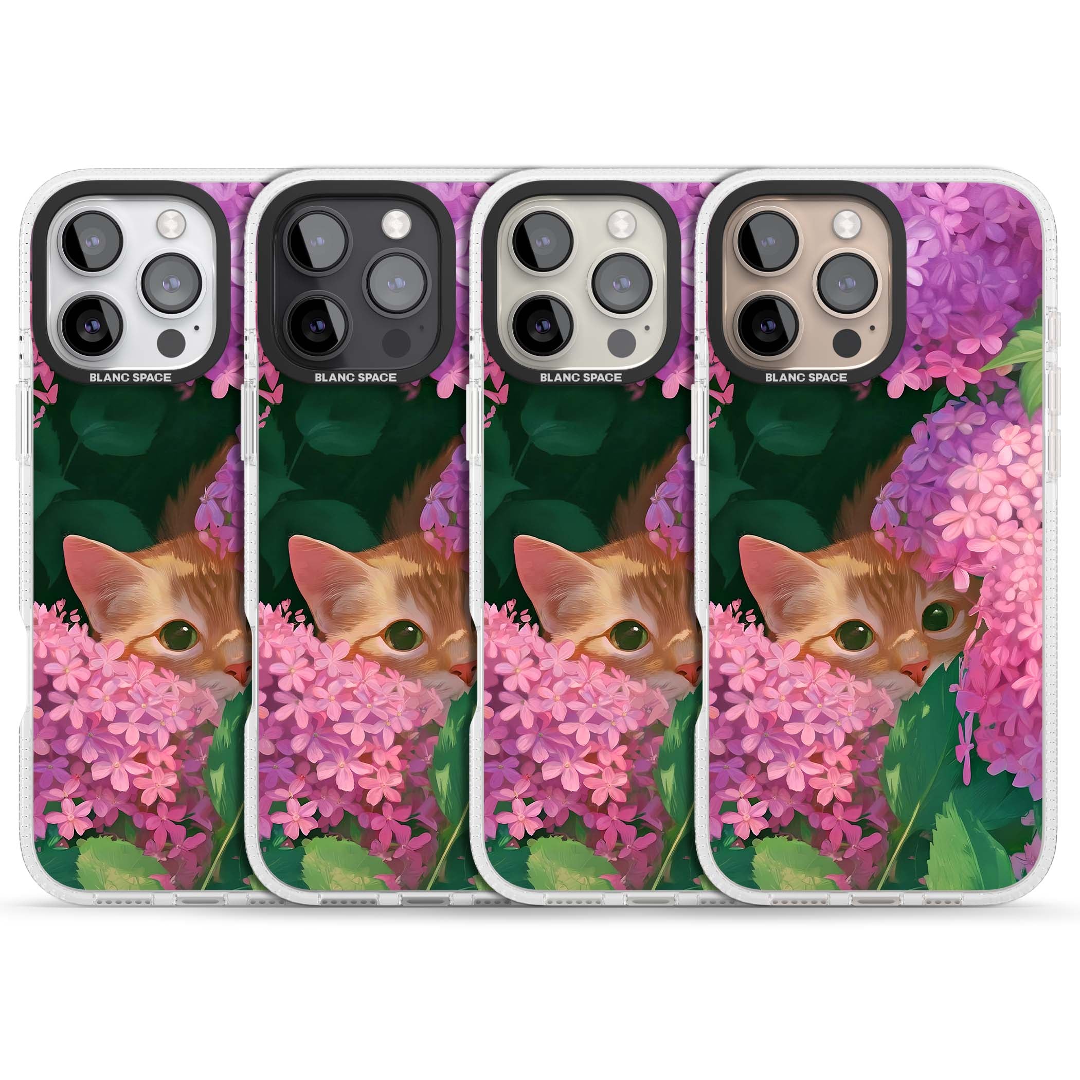 Cat In Pink Flowers cottagecore iPhone case featuring a ginger kitten peeking through lilac and pink hydrangea flo | Clear Case Impact Air case for iPhone 16 Pro, iPhone 16 Pro Max