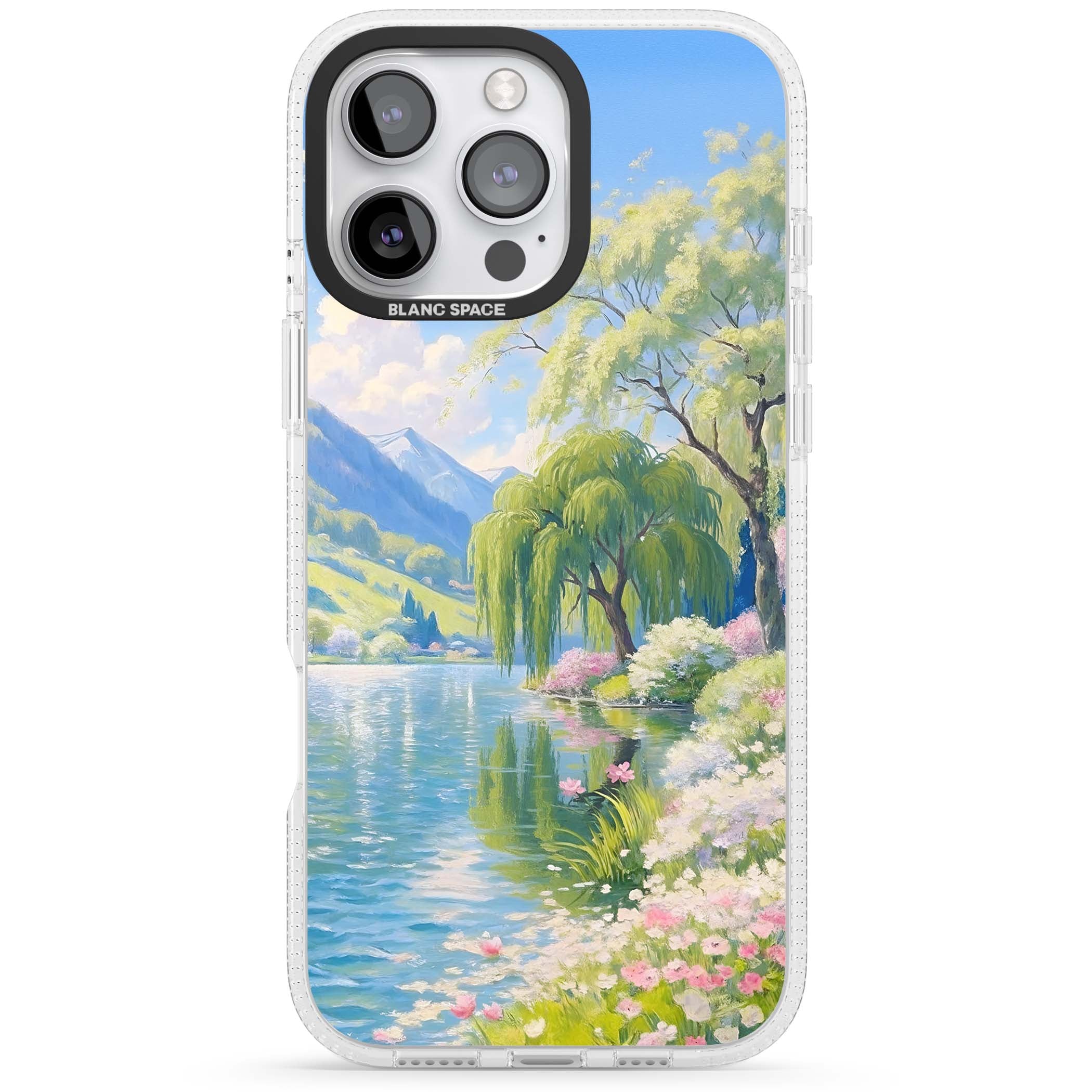 Willow Lake cottagecore iPhone case featuring a painted lakeside with weeping willow, blossoms and distant mountains | Clear Case Impact Air case for iPhone 16 Pro, iPhone 16 Pro Max