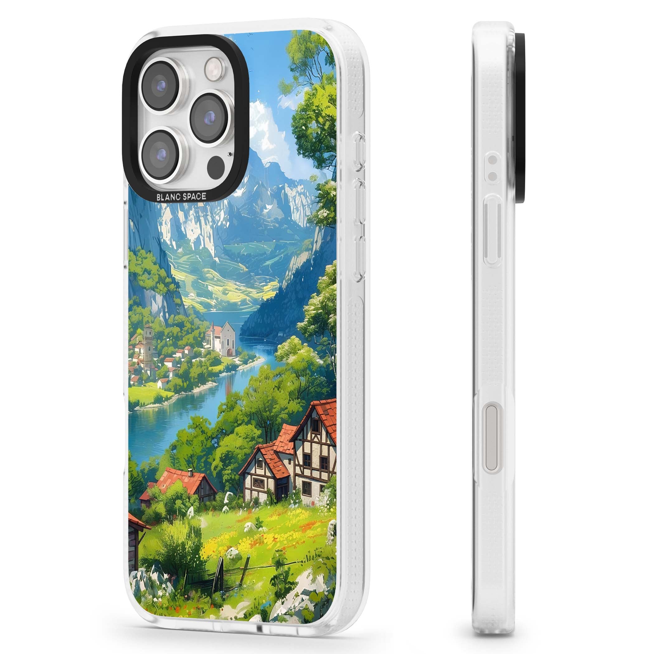 Village In The Valley anime iPhone case featuring a painted mountain village, river valley and half-timbered cottages. | Clear Case Impact Air case for iPhone 16 Pro, iPhone 16 Pro Max