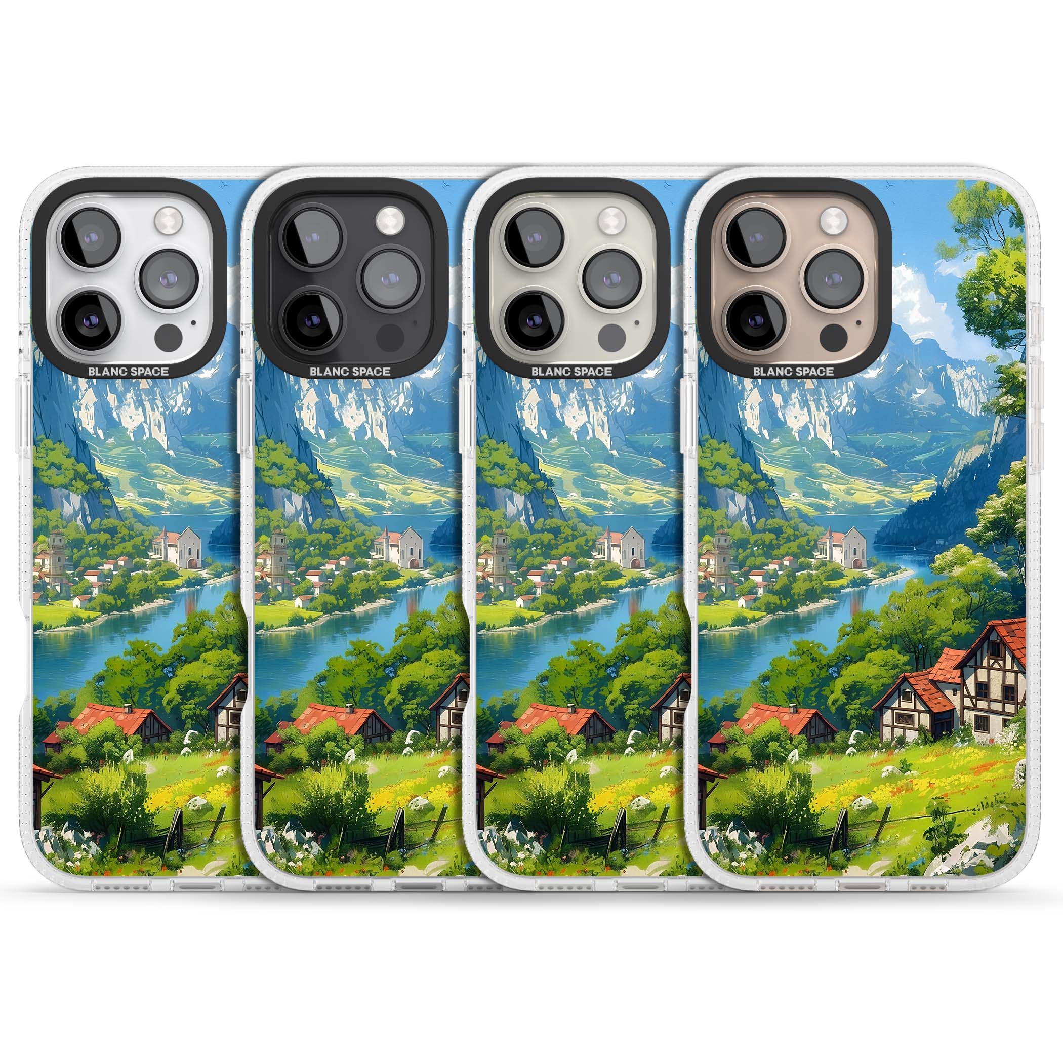 Village In The Valley anime iPhone case featuring a painted mountain village, river valley and half-timbered cottages. | Clear Case Impact Air case for iPhone 16 Pro, iPhone 16 Pro Max