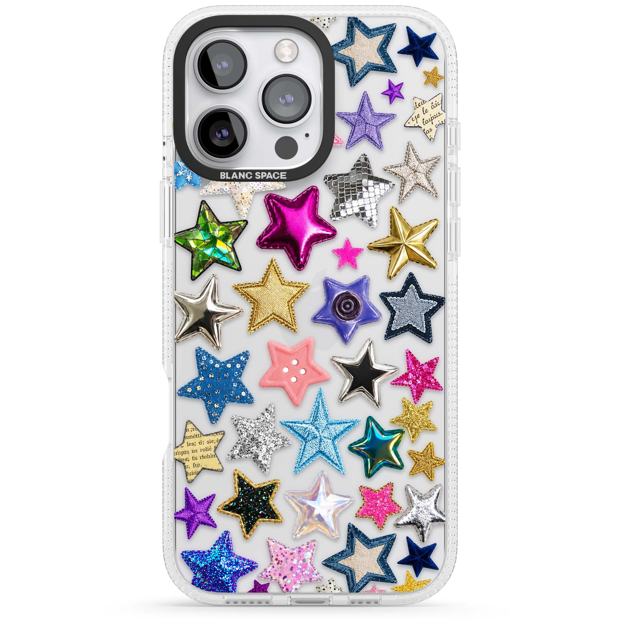 Crafty Star Mix Y2K iPhone case featuring embroidered, sequinned and glitter star patches in rainbow colours | Clear Case Impact Air case for iPhone 16 Pro, iPhone 16 Pro Max