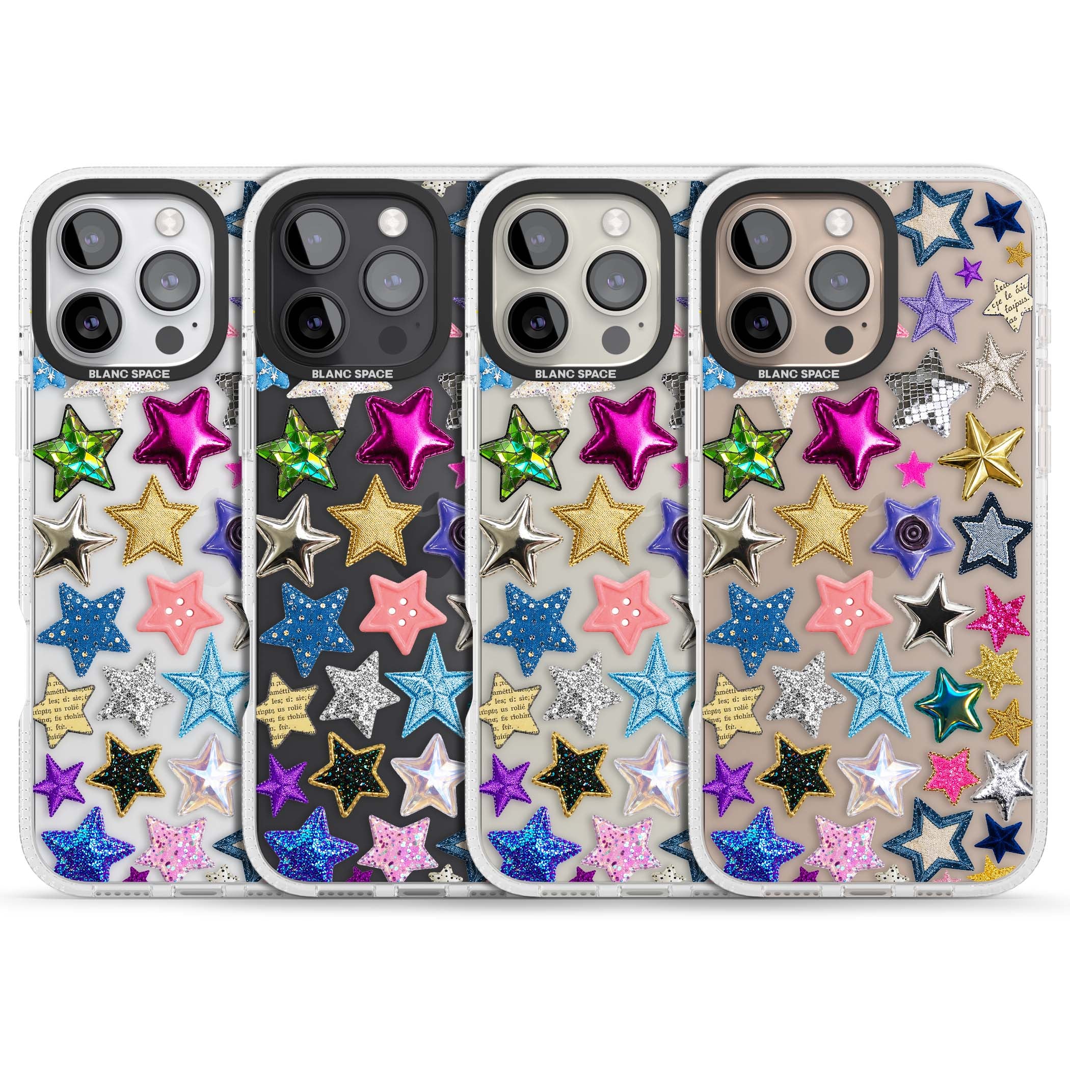 Crafty Star Mix Y2K iPhone case featuring embroidered, sequinned and glitter star patches in rainbow colours | Clear Case Impact Air case for iPhone 16 Pro, iPhone 16 Pro Max