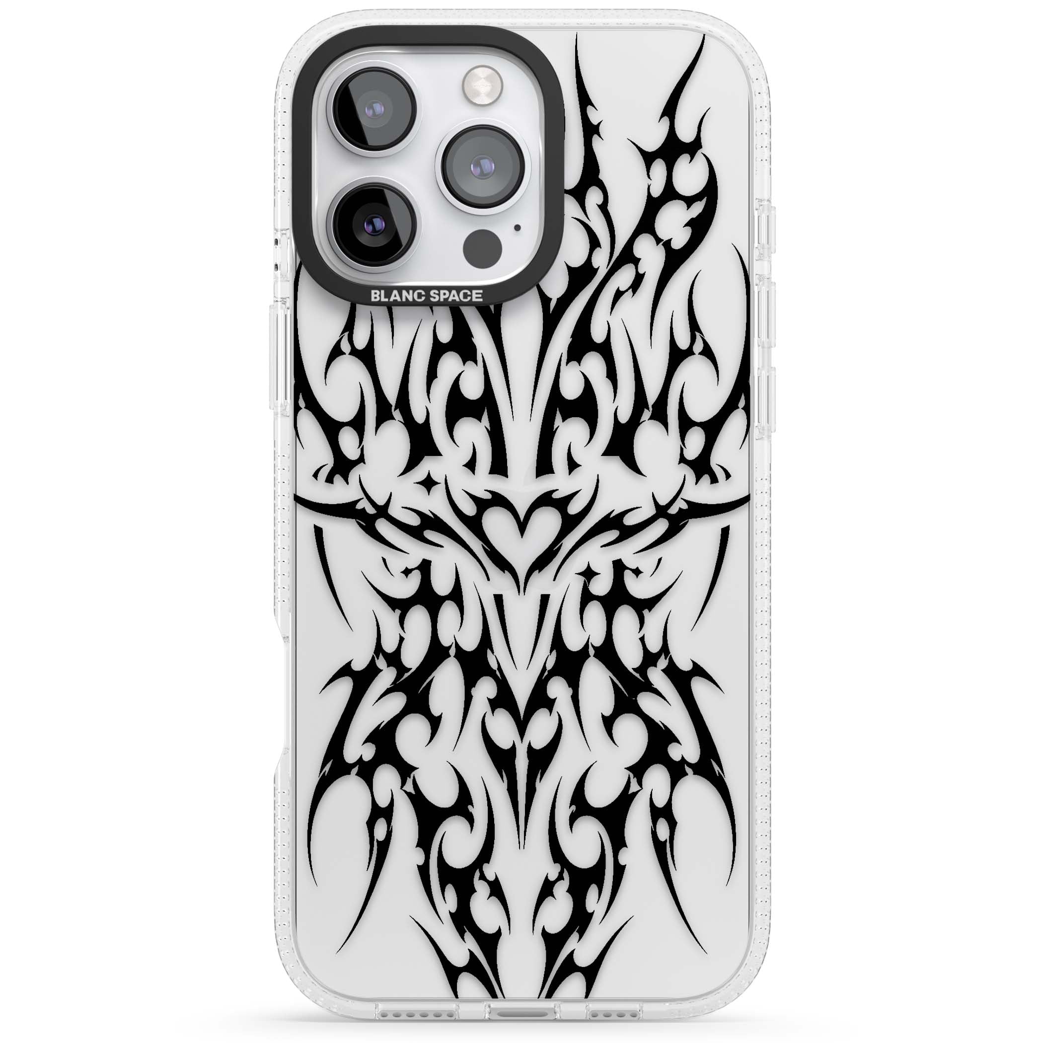 Neo Tribal Heart gothic iPhone case featuring symmetrical black tribal tattoo art with sharp thorn-like linework | Clear Case Impact Air case for iPhone 16 Pro, iPhone 16 Pro Max