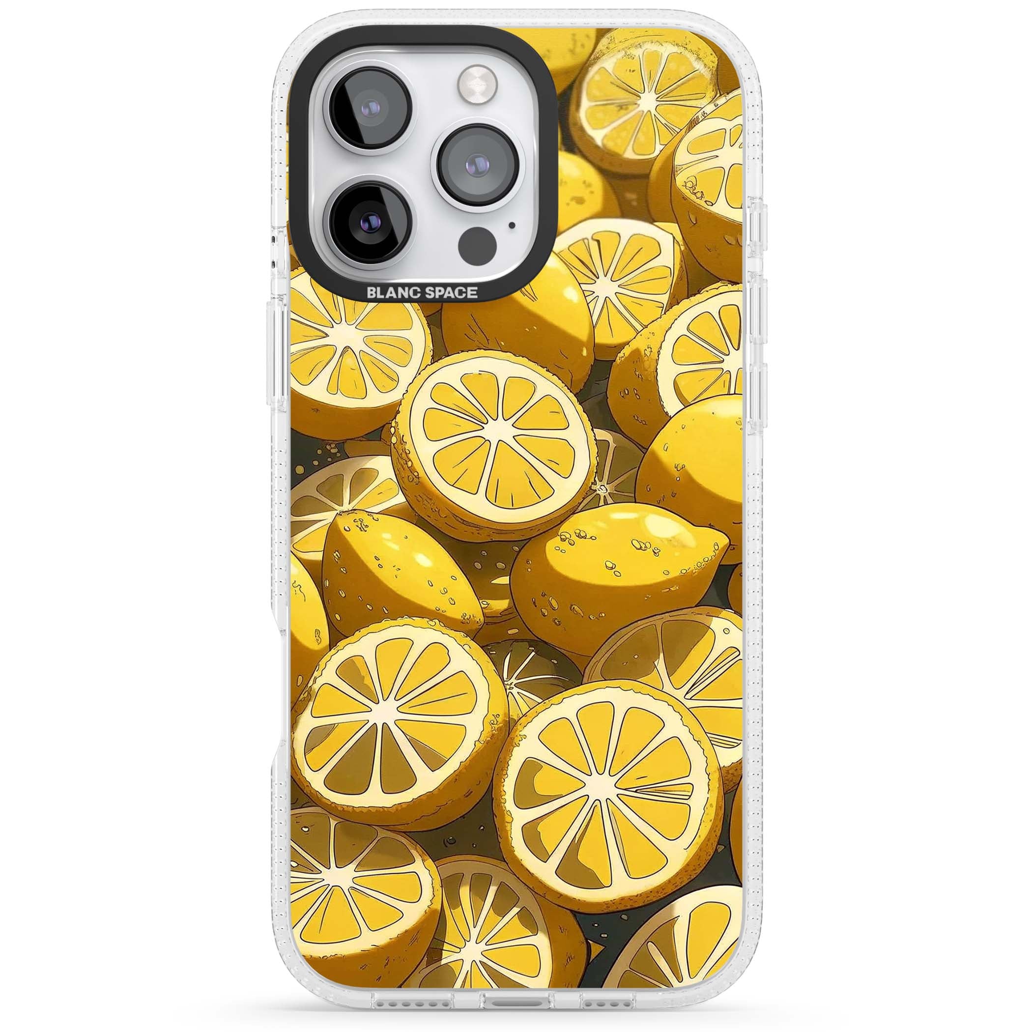 Zesty coastal iPhone case featuring illustrated Mediterranean lemons and citrus slices in golden yellow | Clear Case Impact Air case for iPhone 16 Pro, iPhone 16 Pro Max