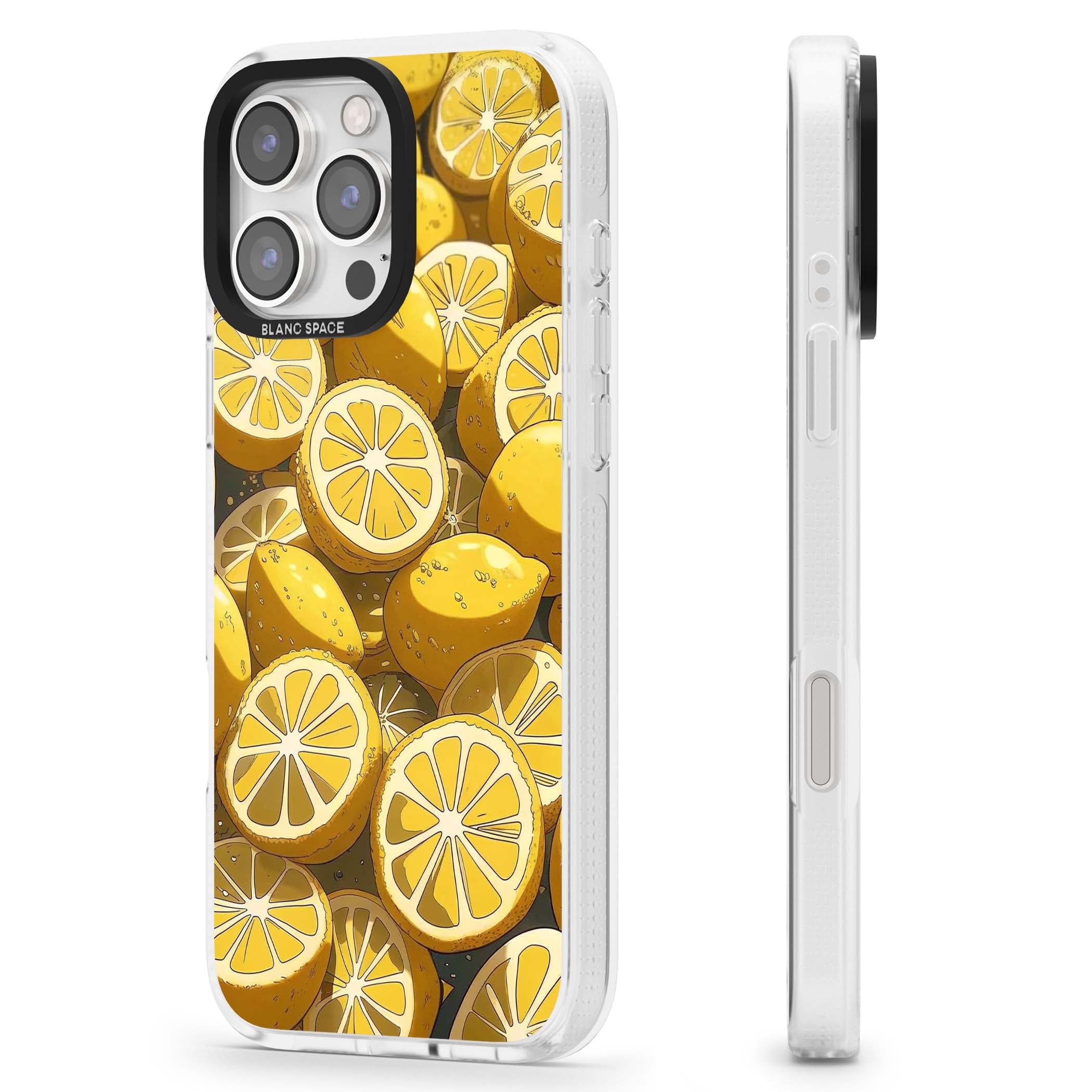 Zesty coastal iPhone case featuring illustrated Mediterranean lemons and citrus slices in golden yellow | Clear Case Impact Air case for iPhone 16 Pro, iPhone 16 Pro Max