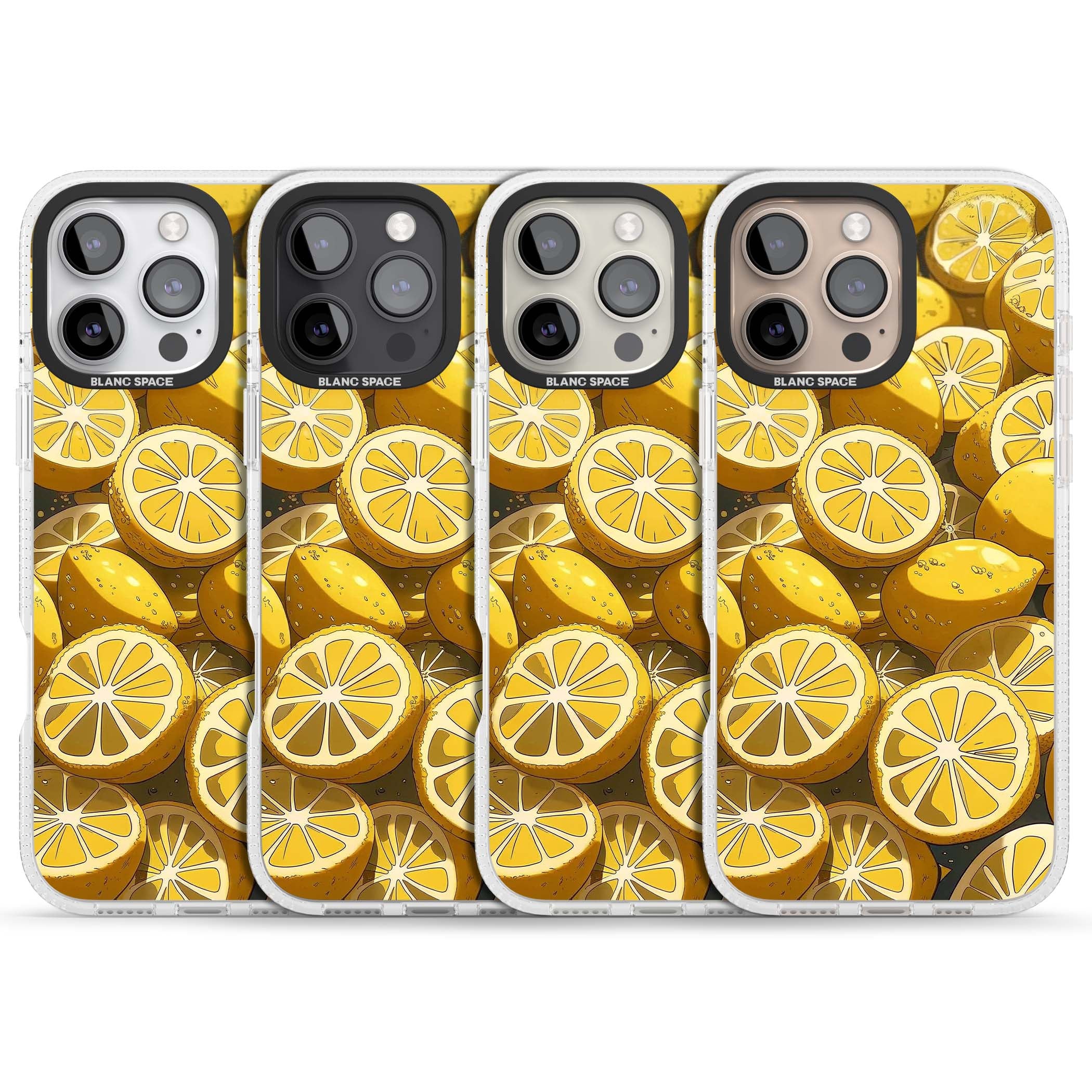 Zesty coastal iPhone case featuring illustrated Mediterranean lemons and citrus slices in golden yellow | Clear Case Impact Air case for iPhone 16 Pro, iPhone 16 Pro Max