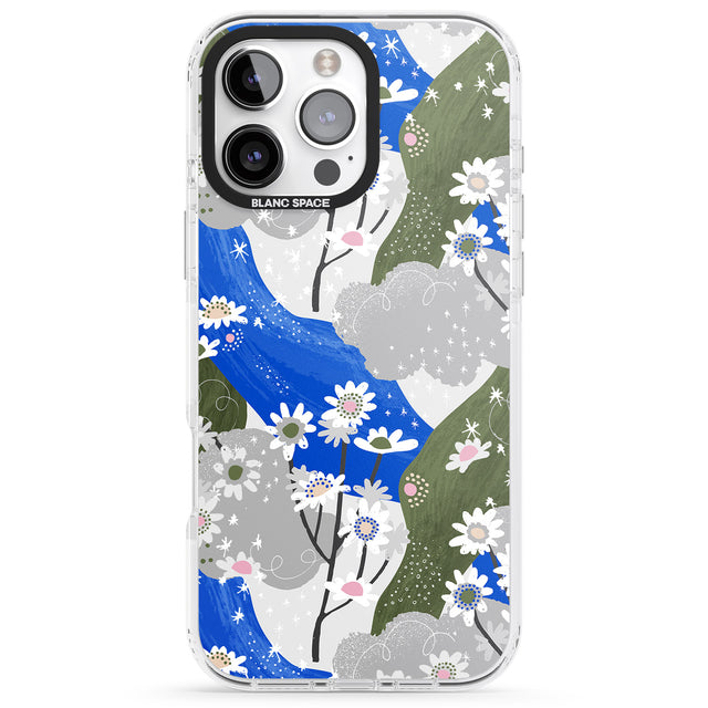 iPhone 16 Pro Max Blue & Grey Daisies Pattern Black Impact Phone Case