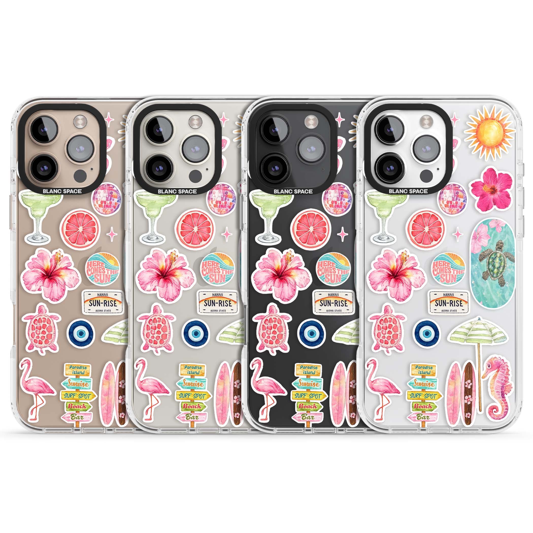 Aloha Sticker Mix tropical summer iPhone case featuring pink hibiscus, sea turtles, flamingo and beach umbrella stickers | Clear Impact case for iPhone 16 Pro, iPhone 16 Pro Max