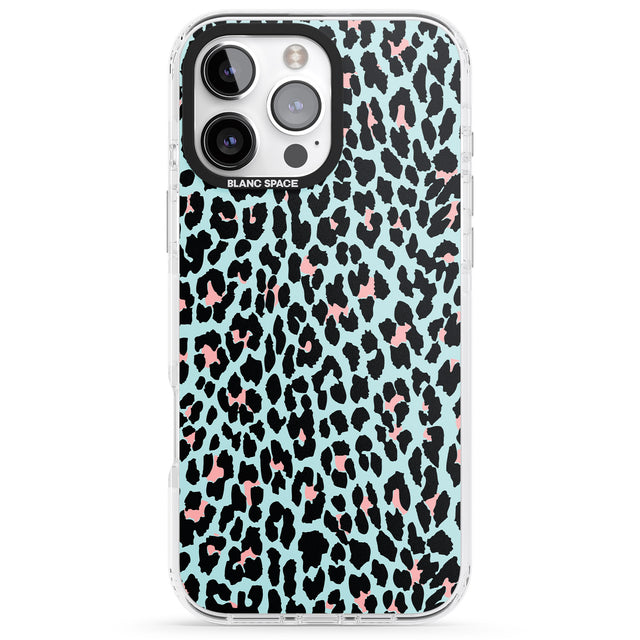 iPhone 16 Pro Max Light Pink on Blue Leopard Print Pattern Black Impact Phone Case