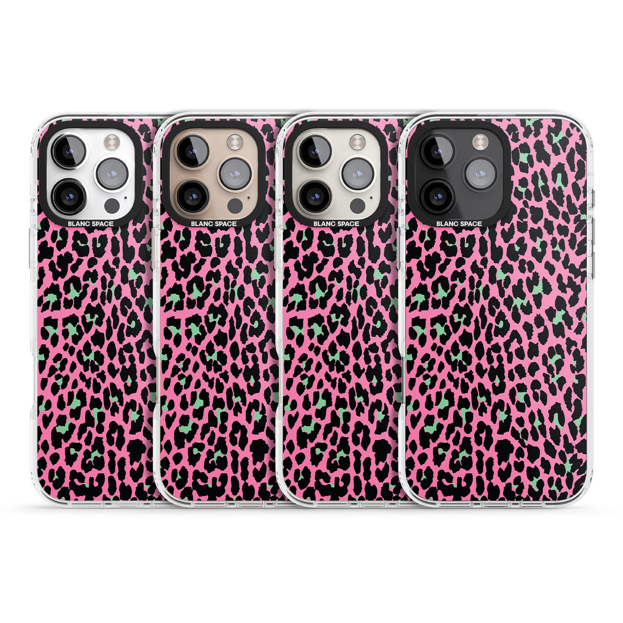 iPhone 16 Pro Max Green on Pink Leopard Print Pattern Black Impact Phone Case