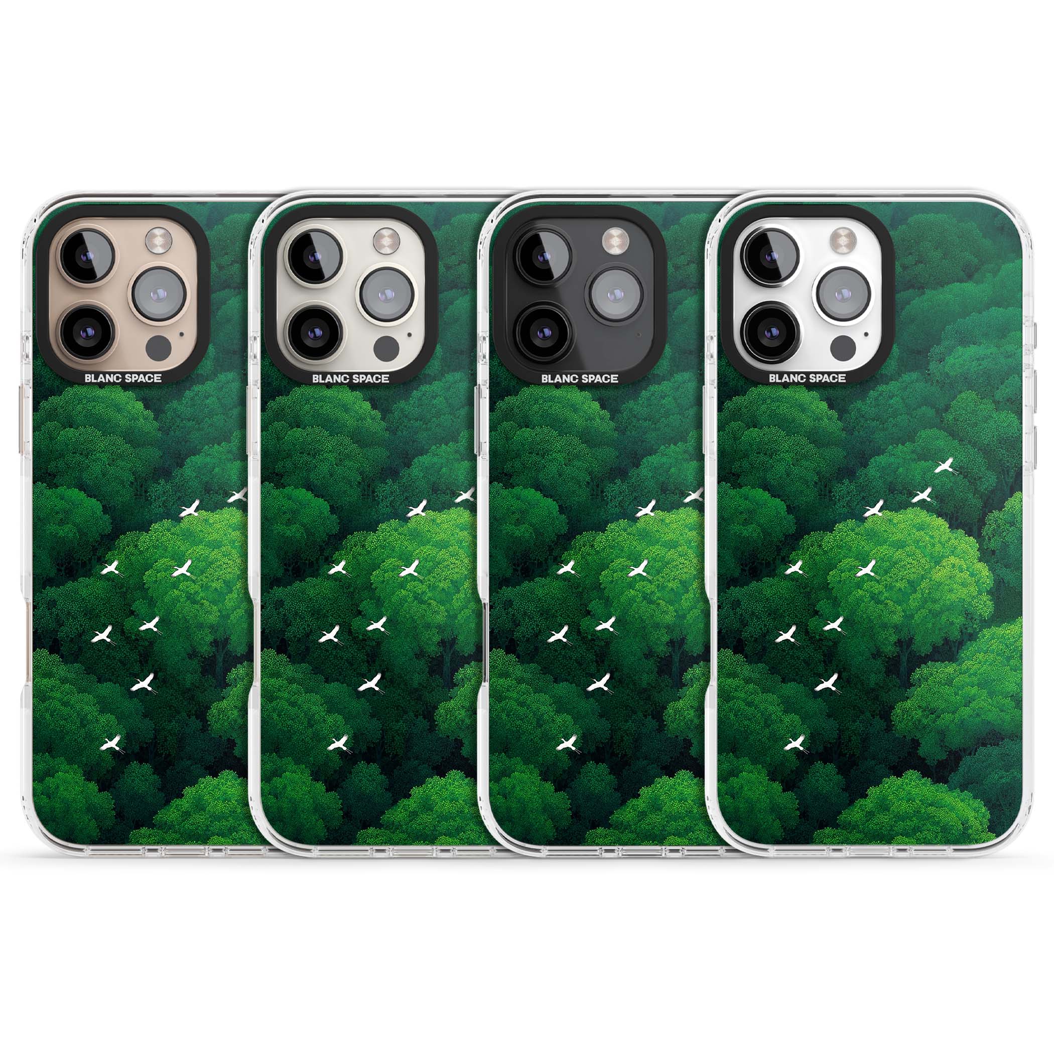 Grove Migration forest iPhone case featuring white cranes flying over lush green treetop canopy | Clear Impact case for iPhone 16 Pro, iPhone 16 Pro Max