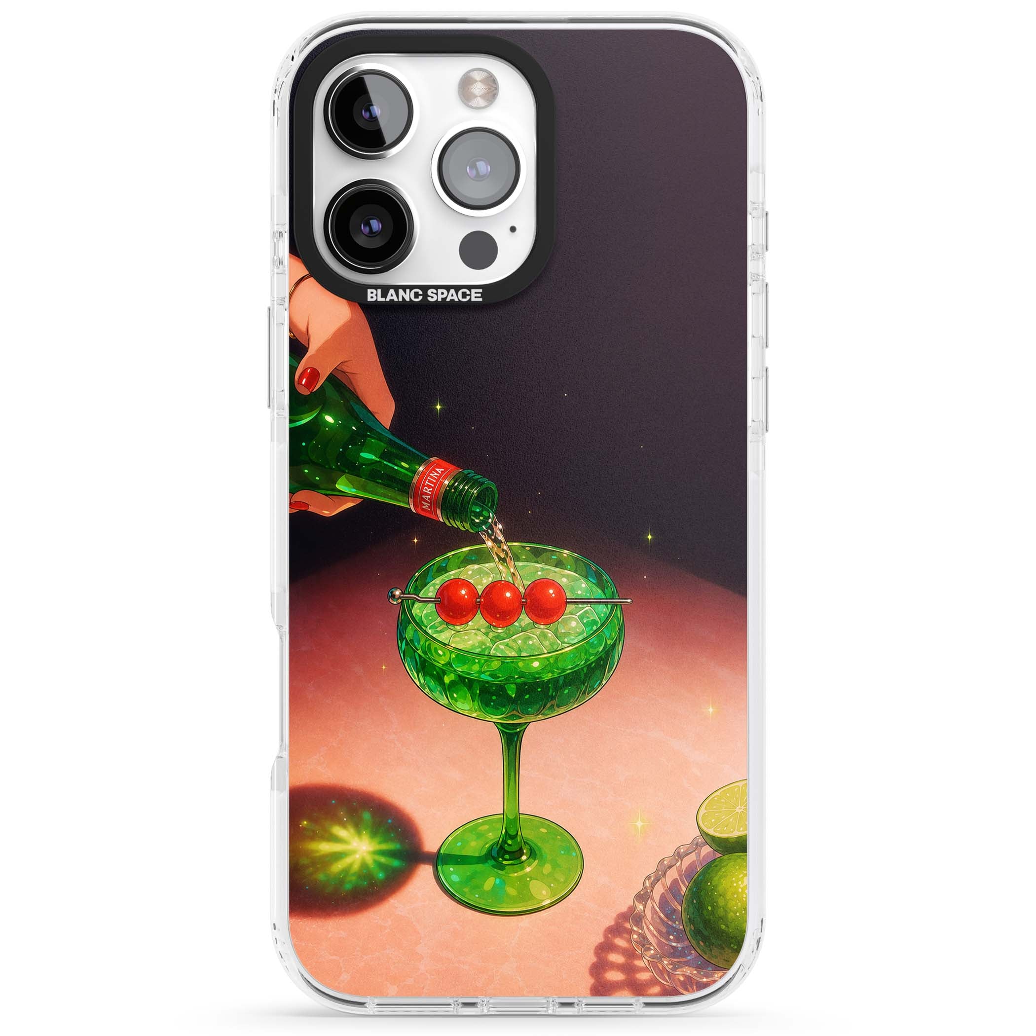 Absinthe Hour cocktail iPhone case featuring a green coupe glass, cherry garnish and vintage bottle pour illustration | Clear Impact case for iPhone 16 Pro, iPhone 16 Pro Max