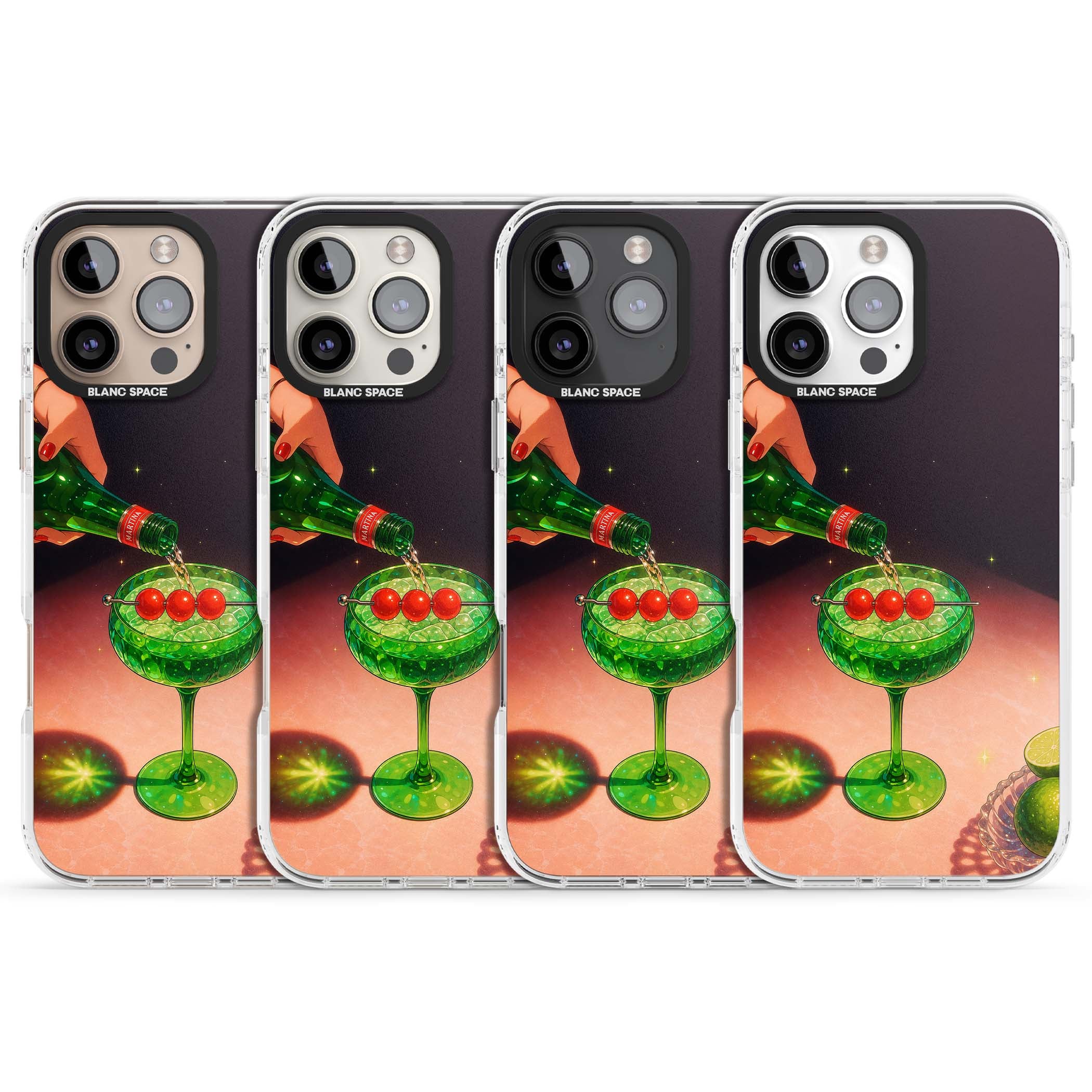 Absinthe Hour cocktail iPhone case featuring a green coupe glass, cherry garnish and vintage bottle pour illustration | Clear Impact case for iPhone 16 Pro, iPhone 16 Pro Max
