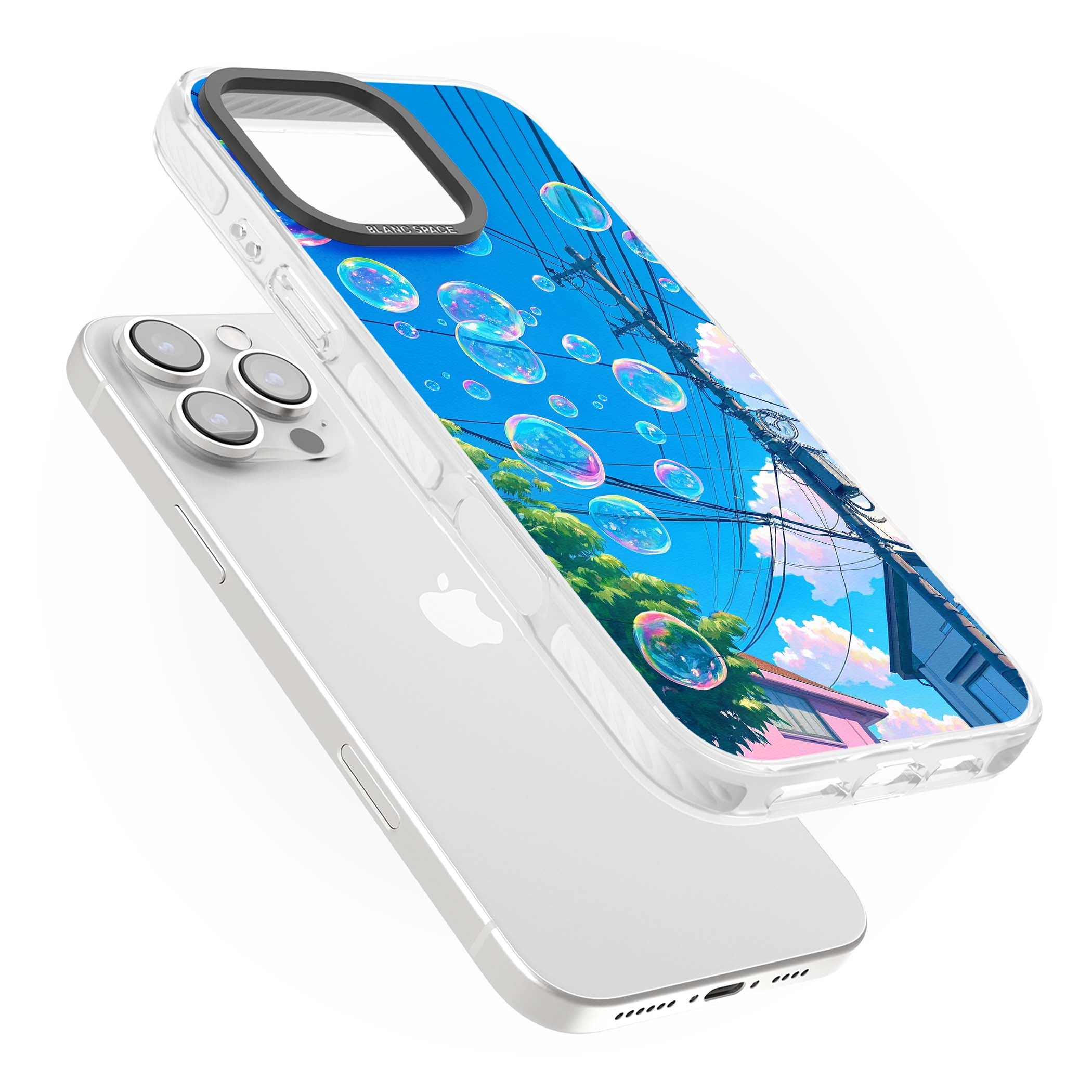 Suburban Bubbles anime iPhone case featuring iridescent soap bubbles, blue sky and Japanese telephone wires | Clear Impact case for iPhone 16 Pro, iPhone 16 Pro Max