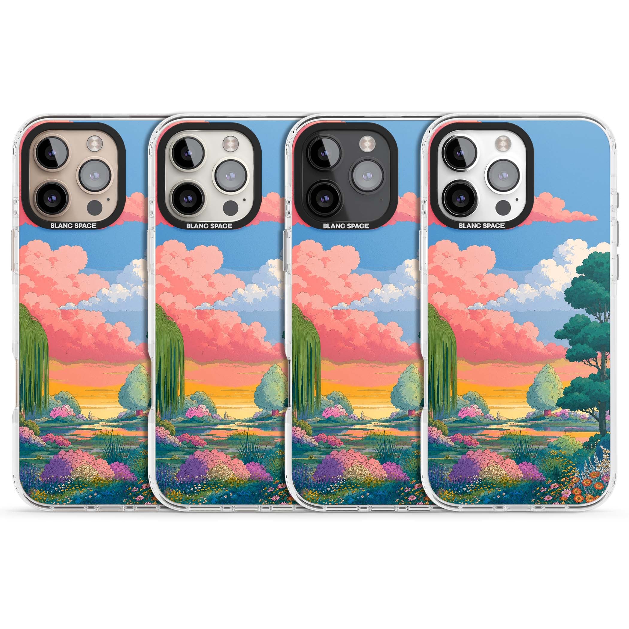 Dream Valley anime landscape iPhone case featuring pink sunset clouds, willow trees and wildflowers | Clear Impact case for iPhone 16 Pro, iPhone 16 Pro Max