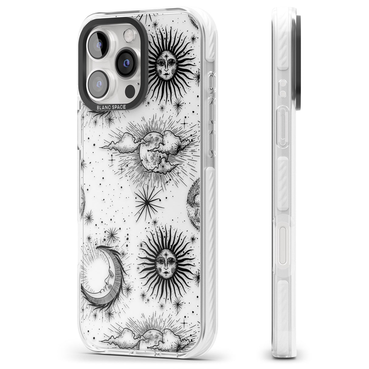 iPhone 16 Pro Max Transparent Suns, Moons & Clouds Black Impact Phone Case