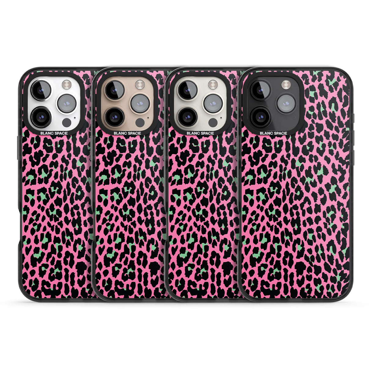 iPhone 16 Pro Max Green on Pink Leopard Print Pattern Black Impact Phone Case