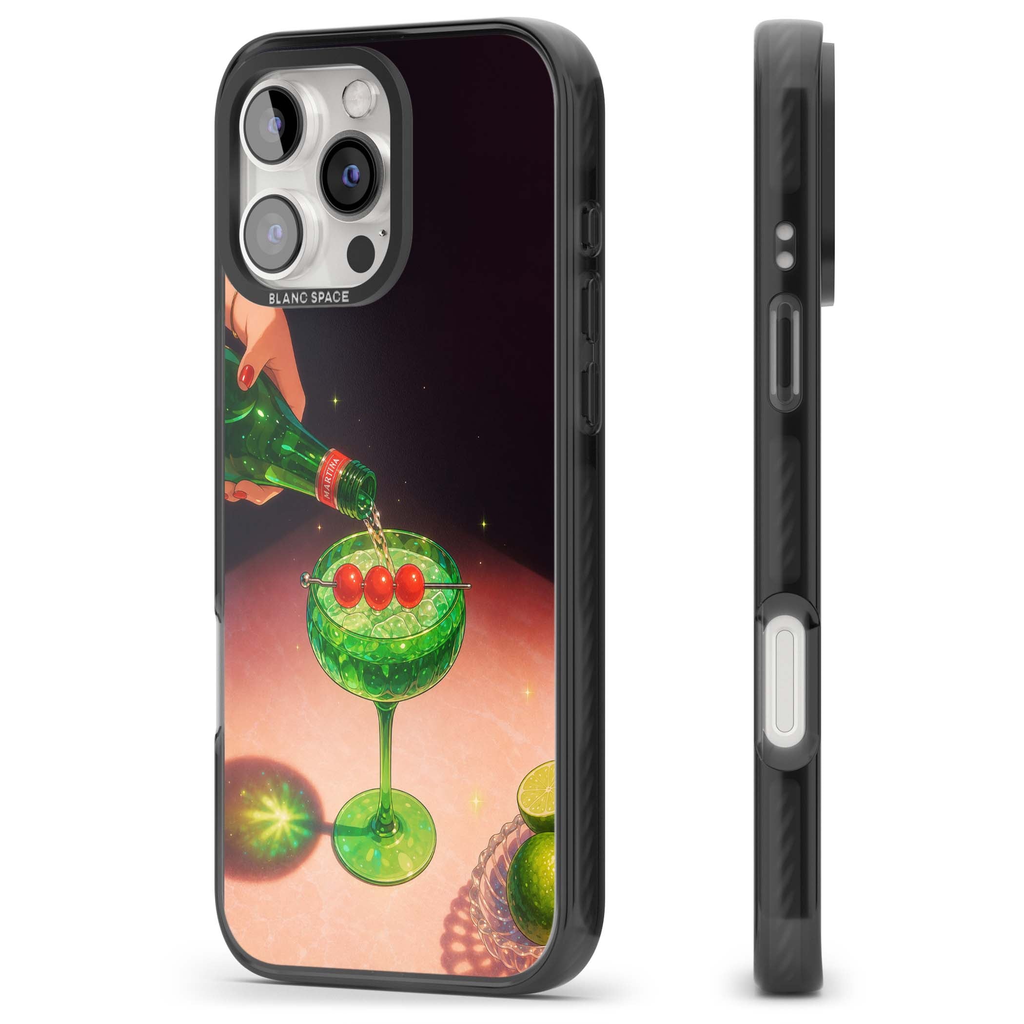 Absinthe Hour cocktail iPhone case featuring a green coupe glass, cherry garnish and vintage bottle pour illustration | Black Impact case for iPhone 16 Pro, iPhone 16 Pro Max