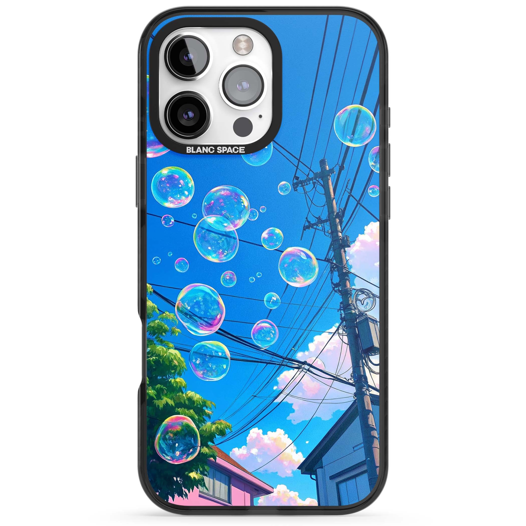 Suburban Bubbles anime iPhone case featuring iridescent soap bubbles, blue sky and Japanese telephone wires | Black Impact case for iPhone 16 Pro, iPhone 16 Pro Max