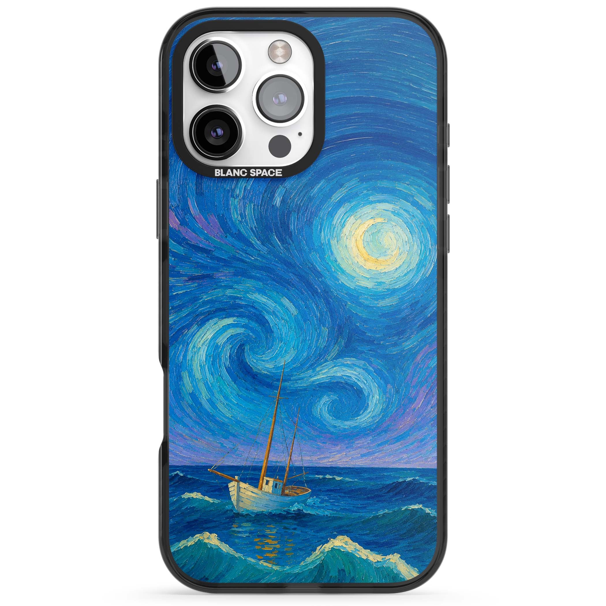 Moonlit Tide Van Gogh art iPhone case featuring swirling starry night sky, glowing moon and lone sailing boat at sea | Black Impact case for iPhone 16 Pro, iPhone 16 Pro Max